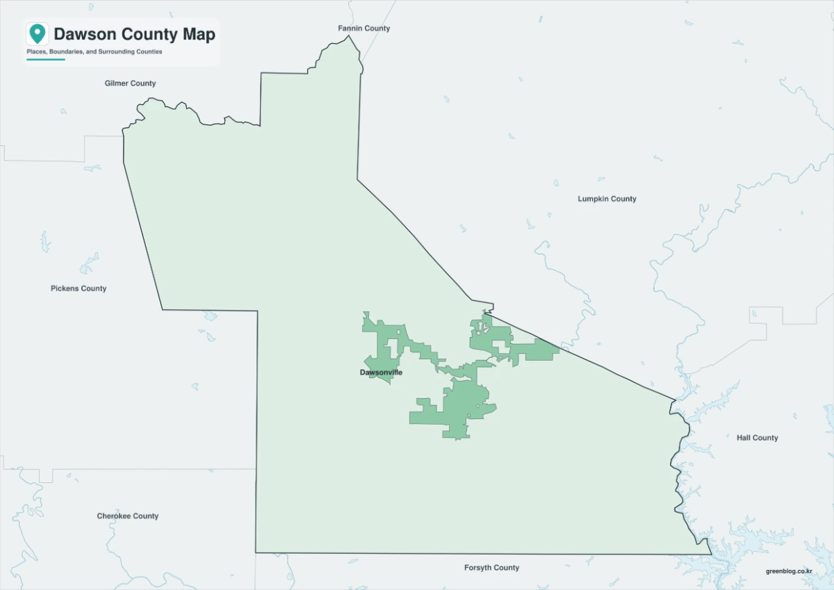 Dawson County map color version with Dawsonville and selected communities