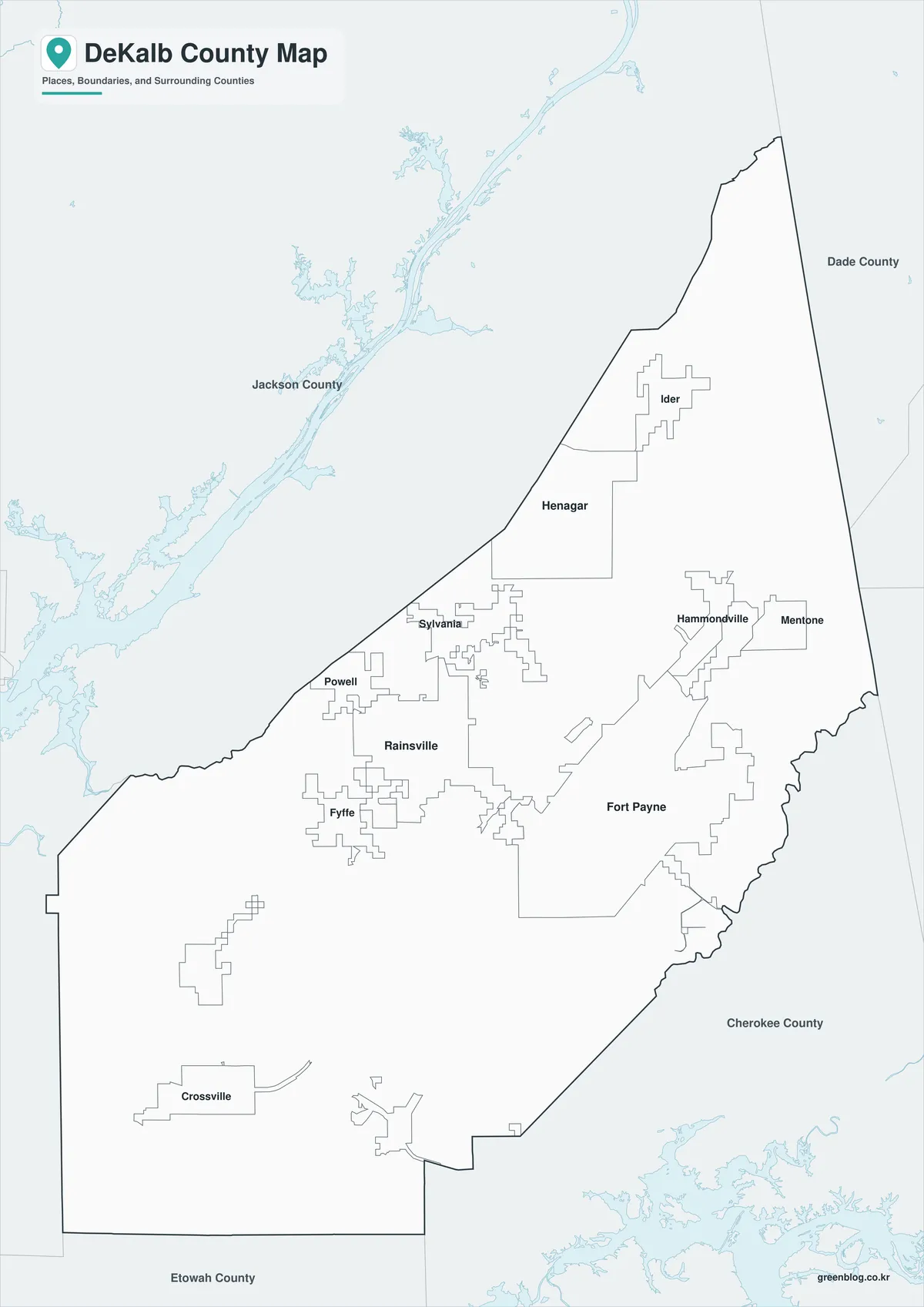 DeKalb County Map black and white version with selected place names and boundaries
