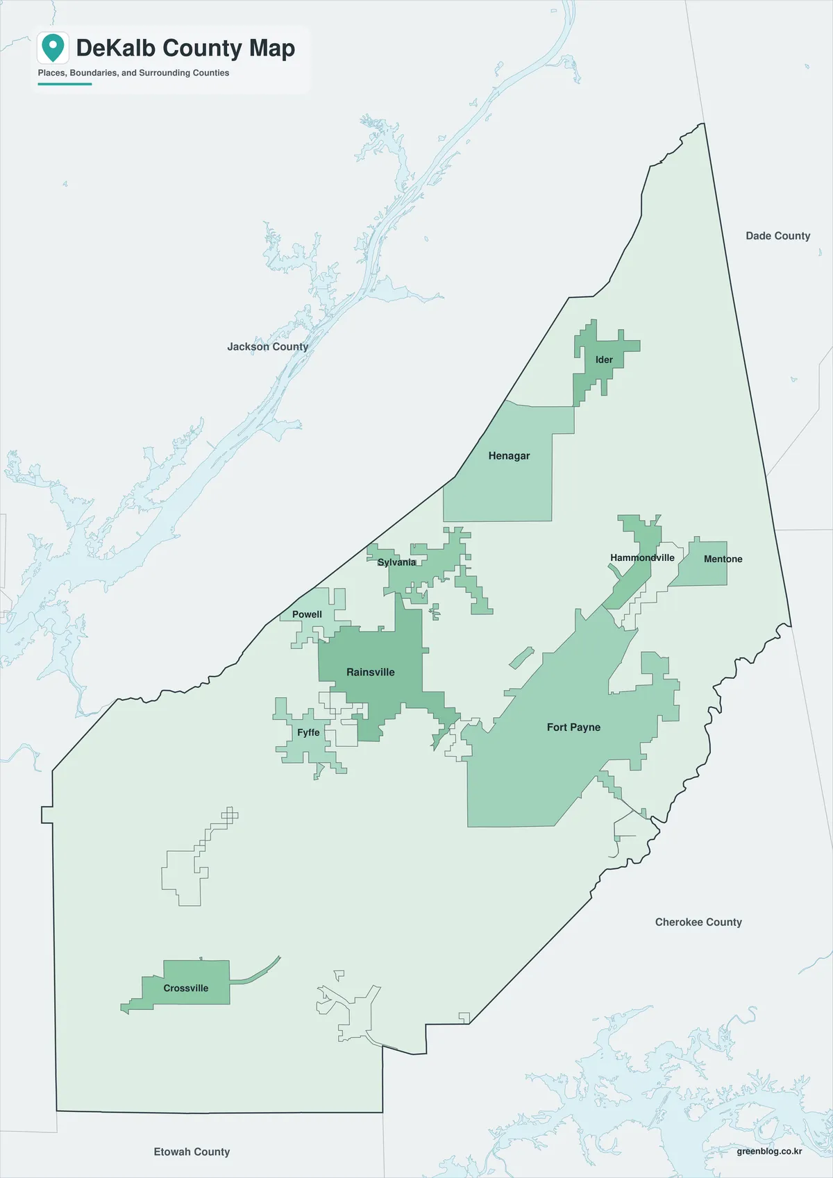 DeKalb County Map color version with Fort Payne, selected place names, and surrounding counties