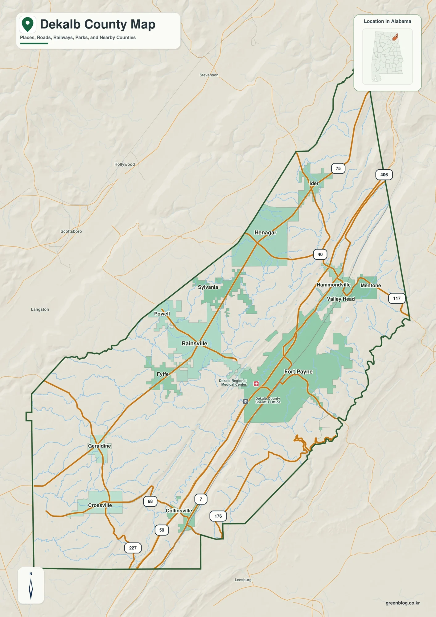 DeKalb County Alabama map showing the county boundary and selected places