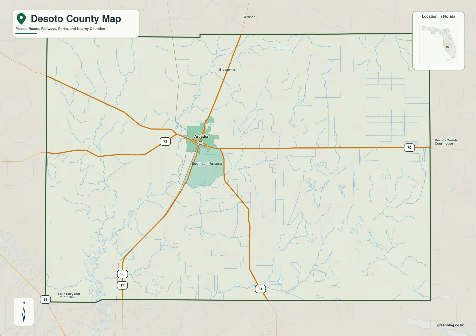 DeSoto County Florida map showing Arcadia, Nocatee, Fort Ogden
