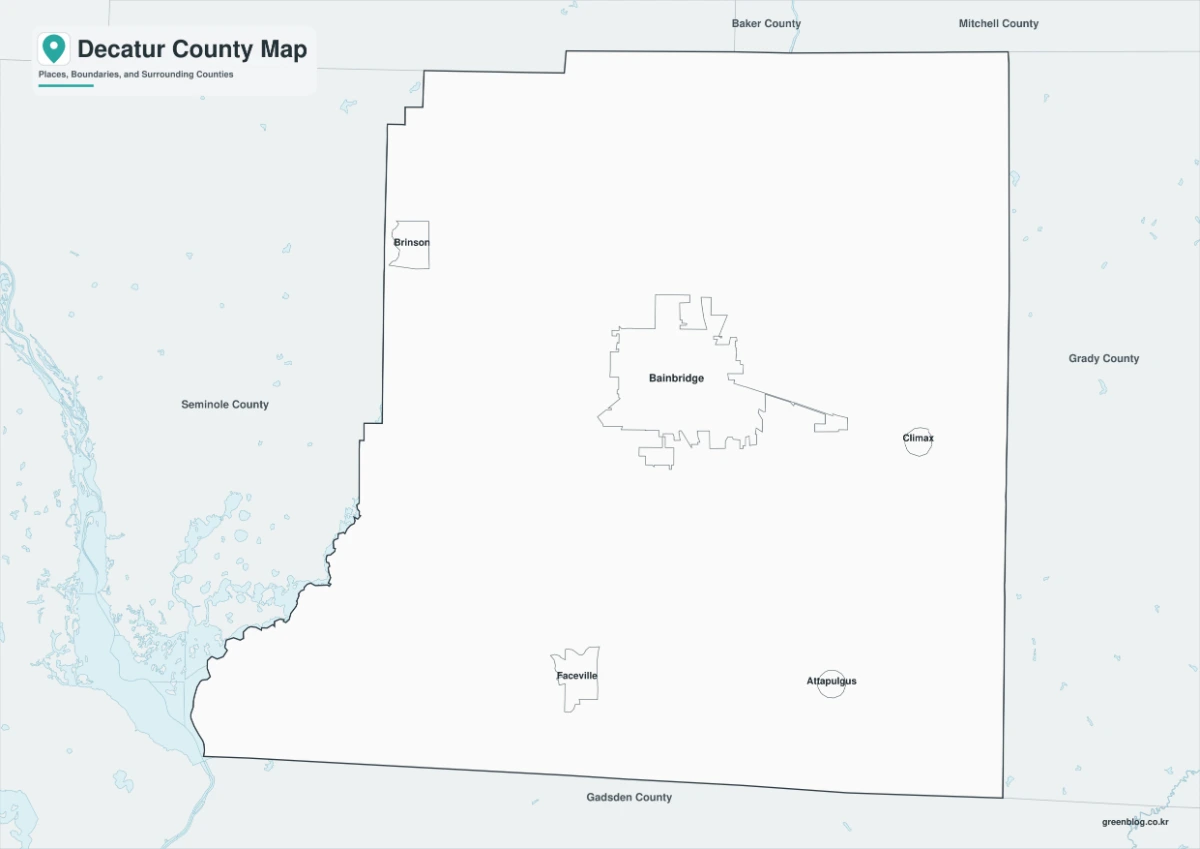 Black and white Decatur County map with labels and boundary lines
