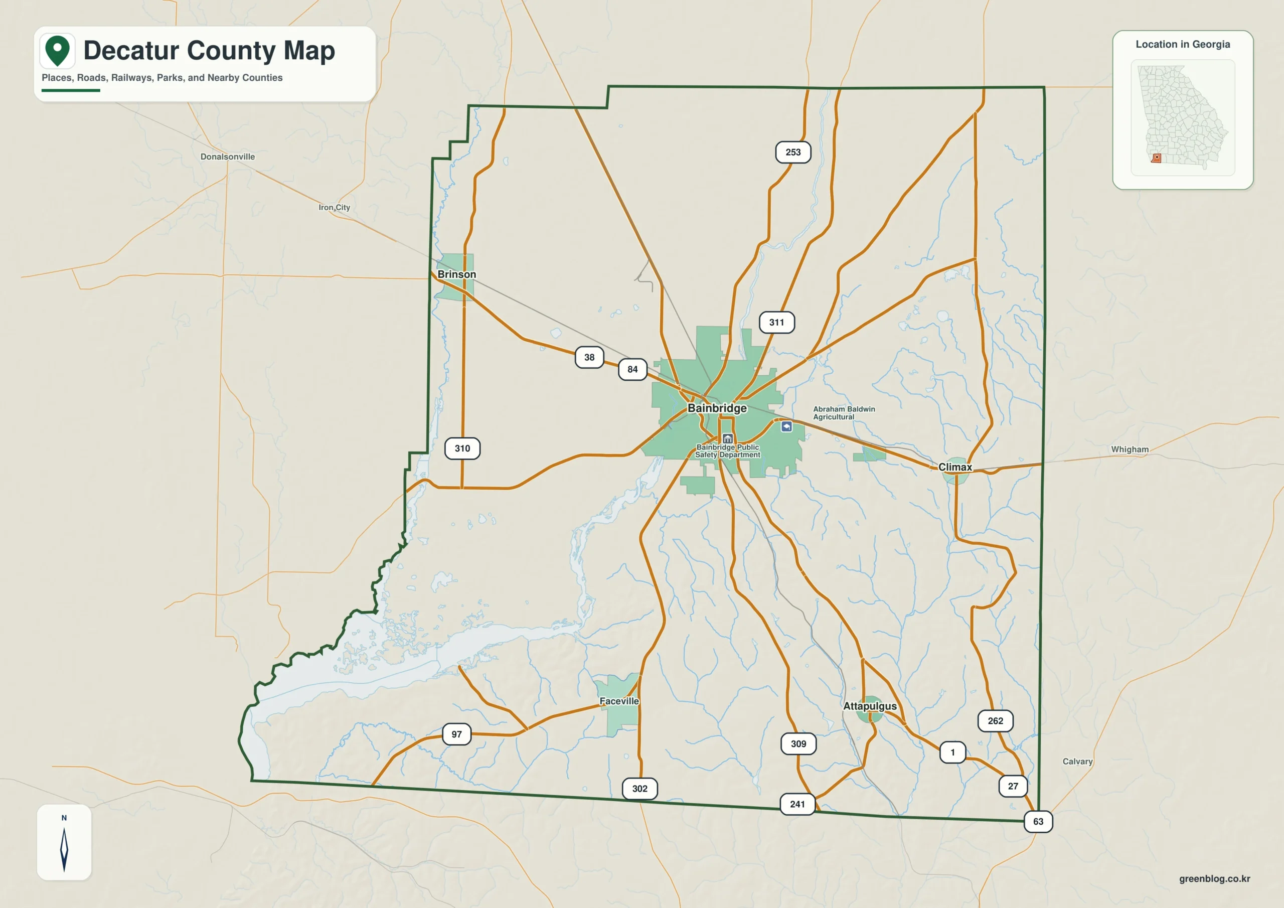 Decatur County Georgia map showing the county boundary and selected places