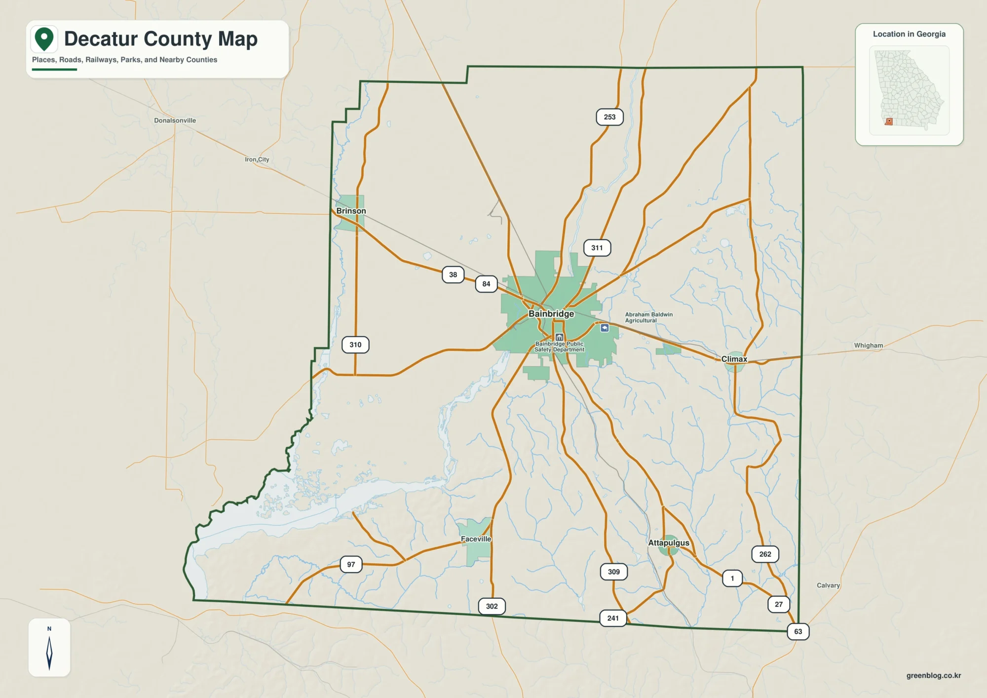 디케이터 카운티 Decatur County 조지아 지도에 표시된 카운티 경계와 주요 지명