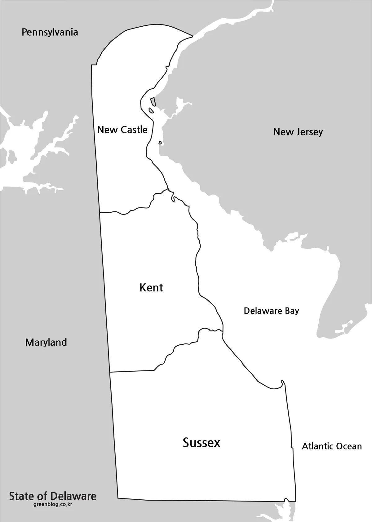 Black and white Delaware map with county names, boundary lines, and coastal context