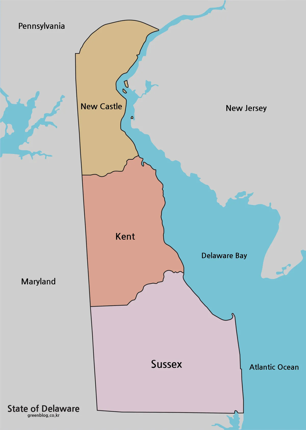 Printable Delaware map with color-coded county boundaries and surrounding regional labels