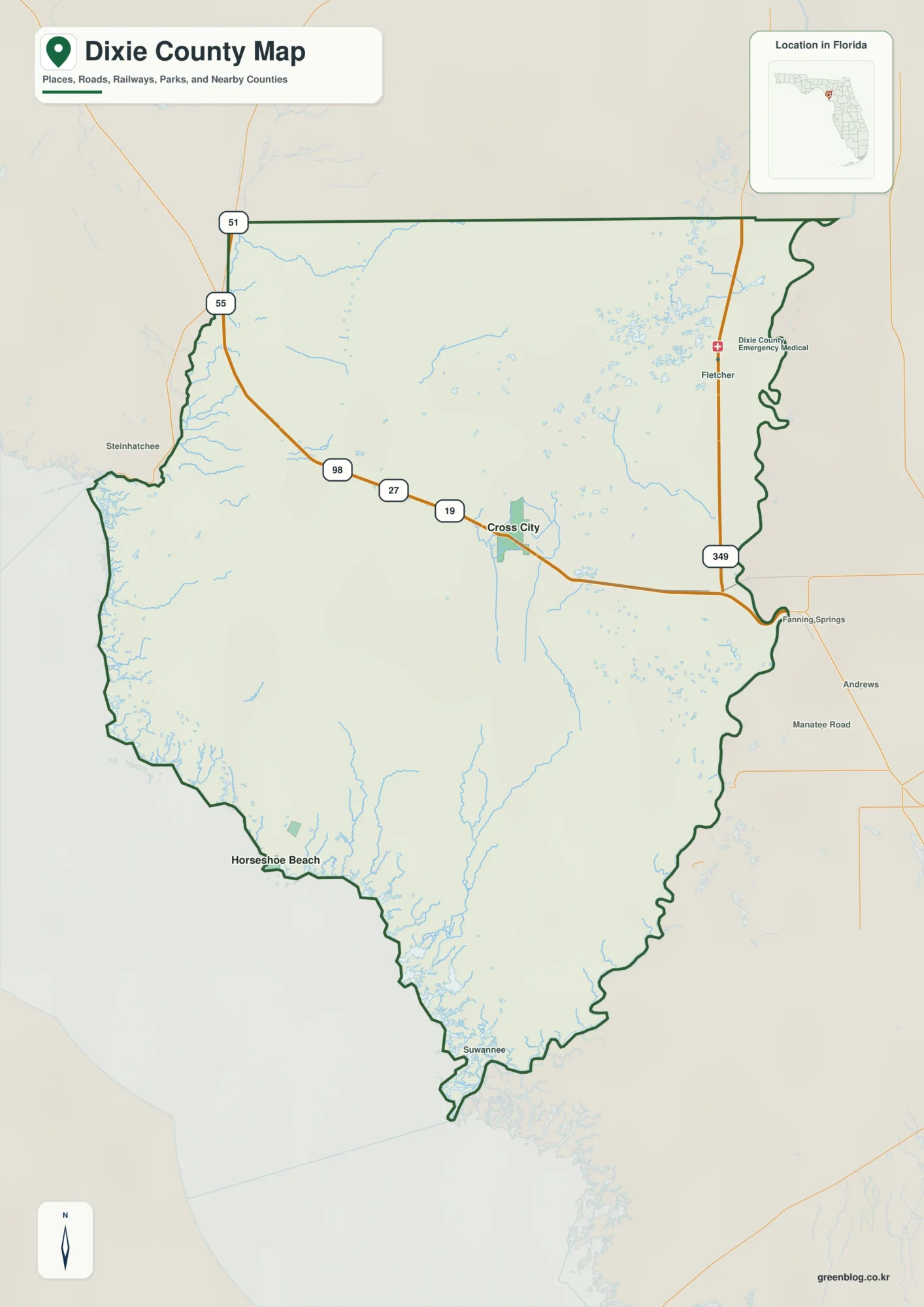 Dixie County Florida map showing Cross City, Horseshoe Beach, Old Town