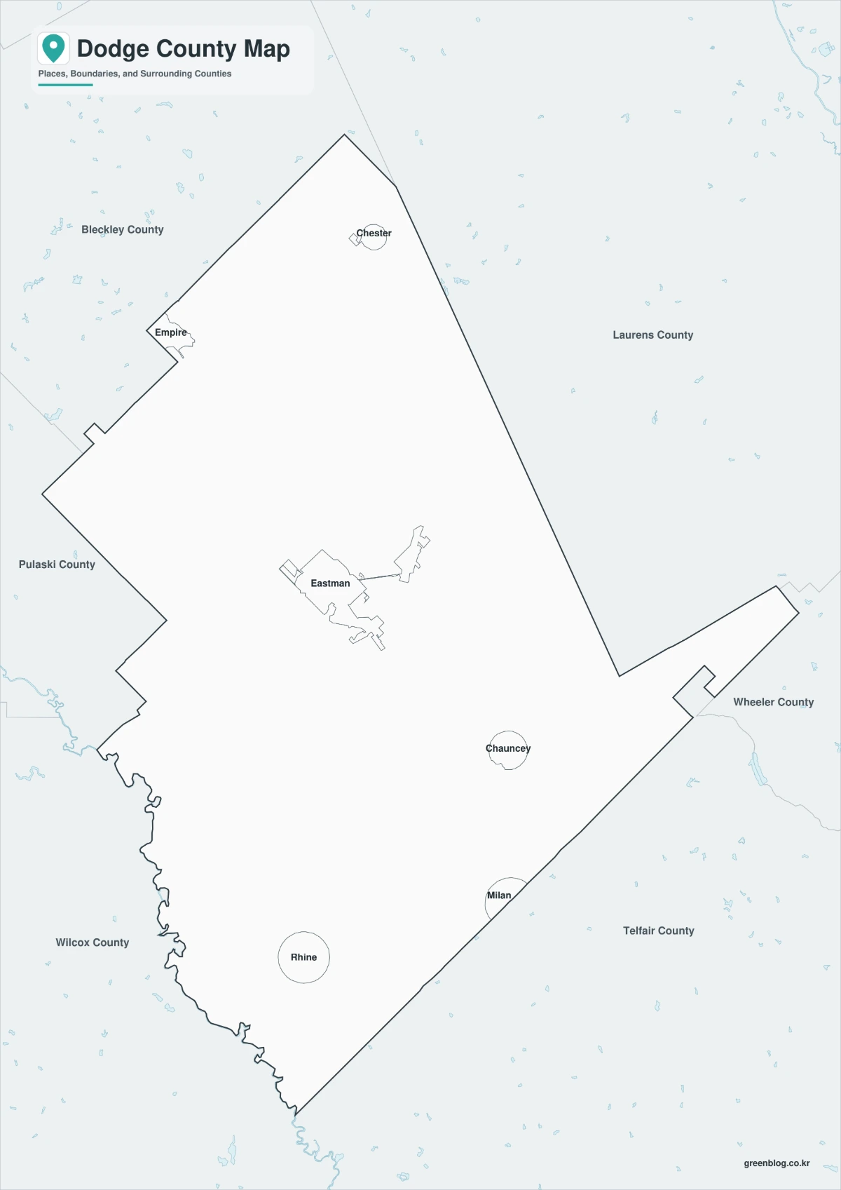 Black and white Dodge County map with selected community labels