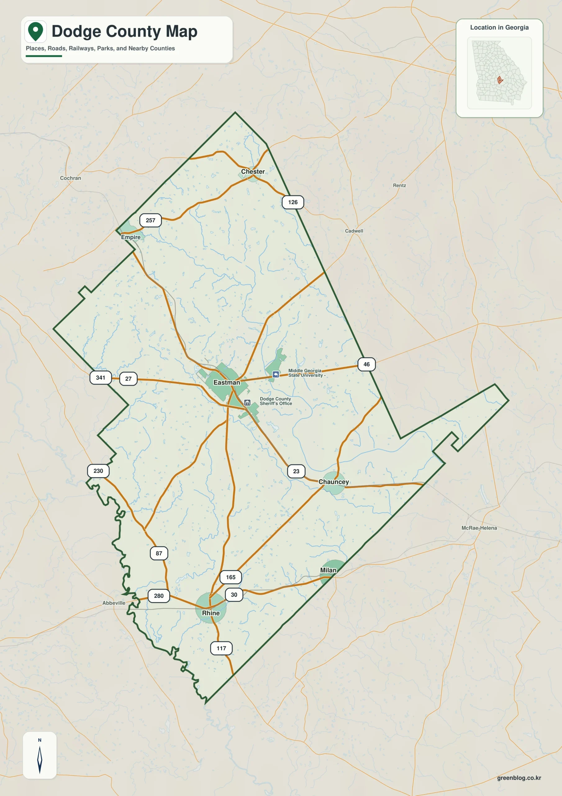 Dodge County Georgia map showing the county boundary and selected places