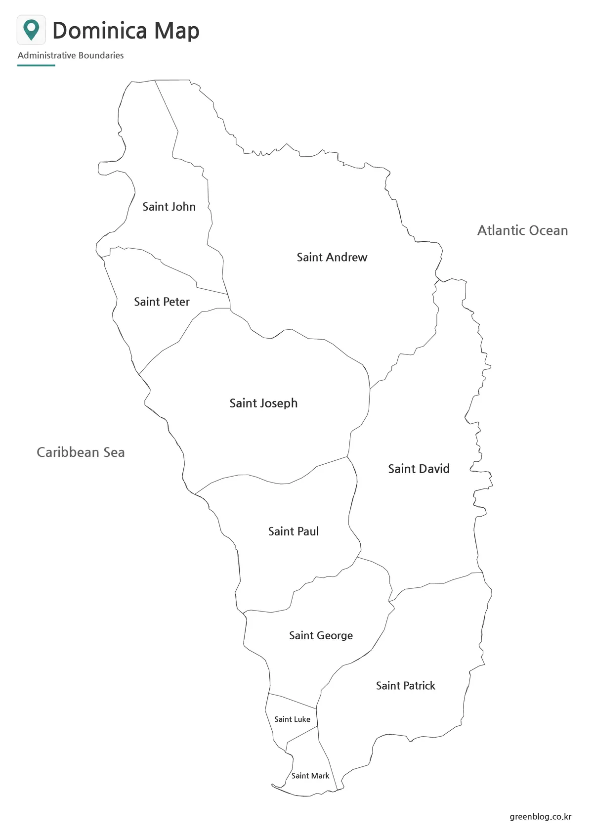 Black and white Dominica administrative map with regional labels