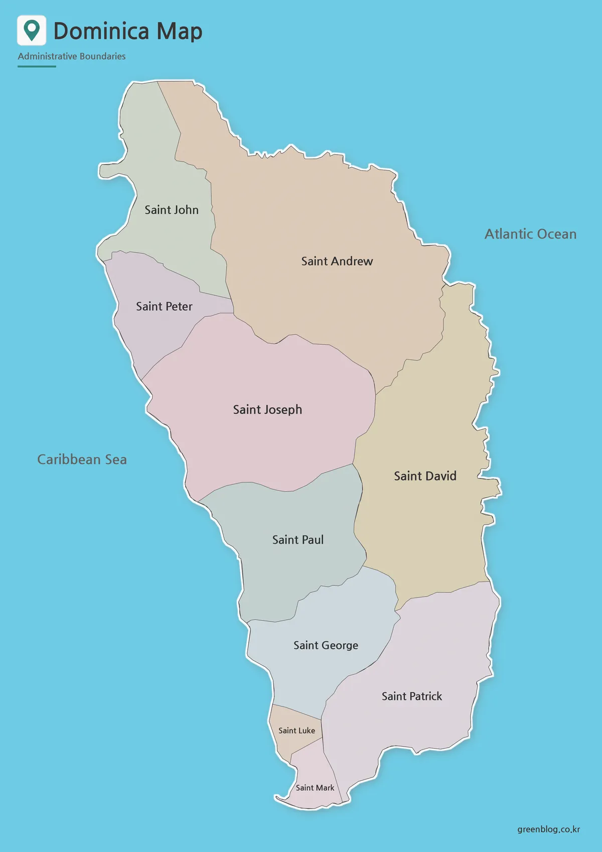 Printable Dominica map with color-coded administrative boundaries