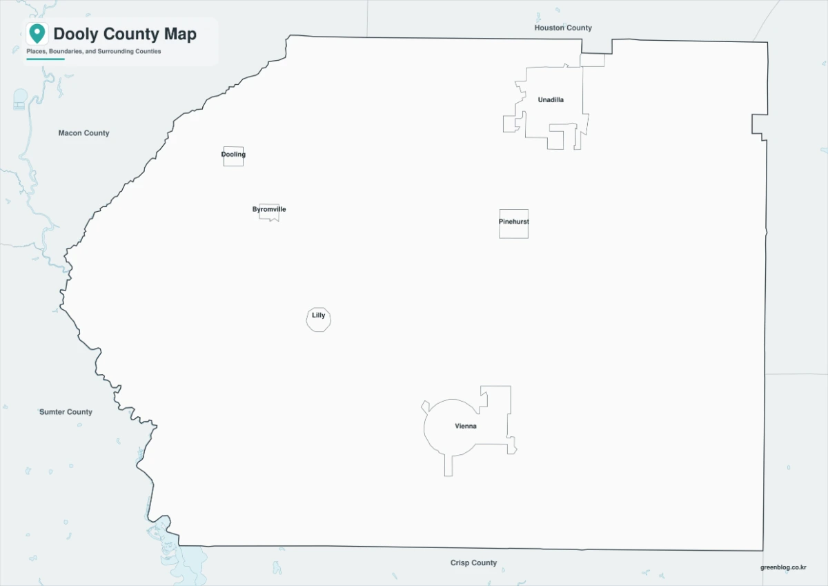 Black and white Dooly County map with selected city labels