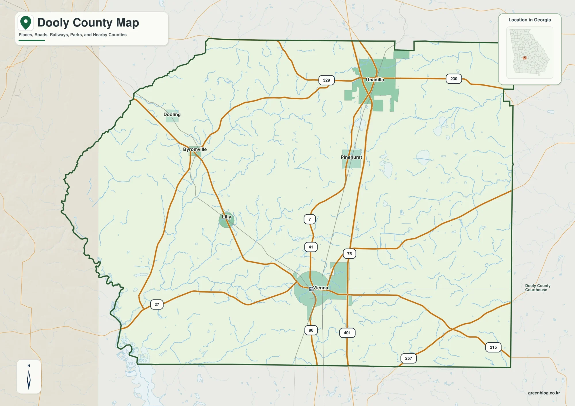 Dooly County Georgia map showing the county boundary and selected places