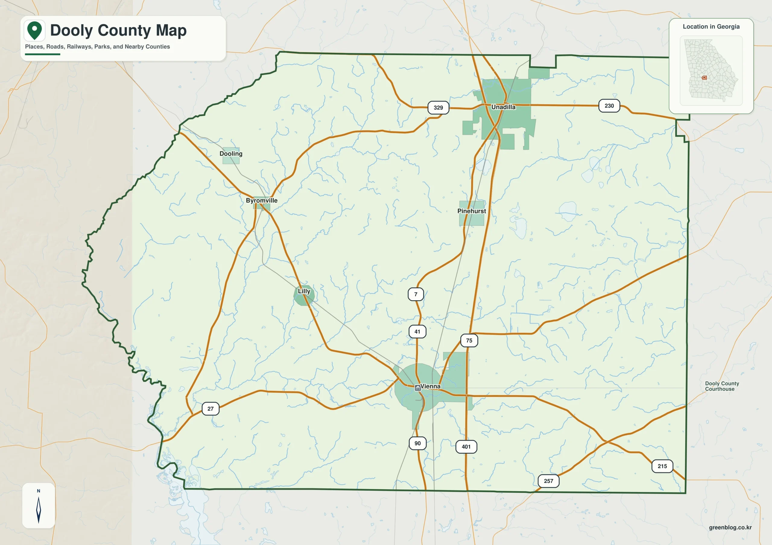 Dooly County Georgia map showing the county boundary and selected places