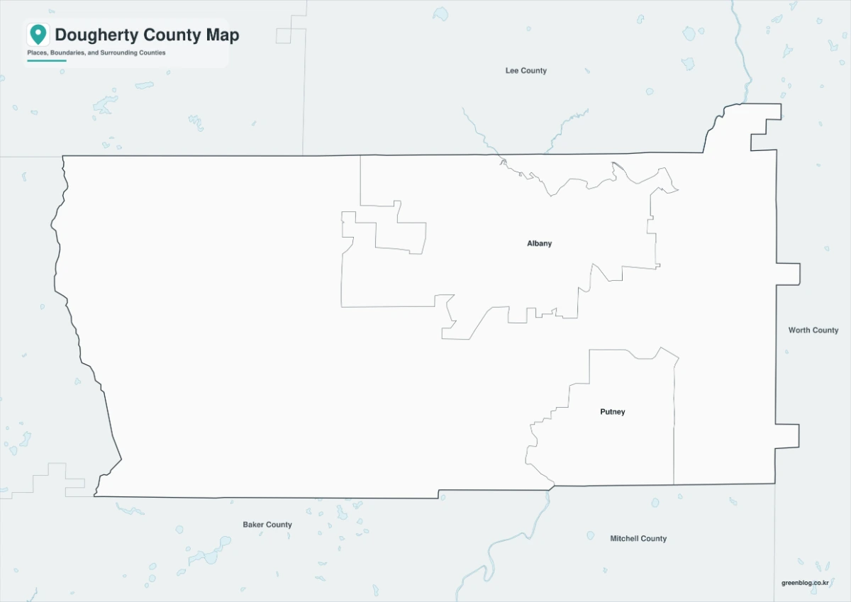 Black and white Dougherty County map with selected place names