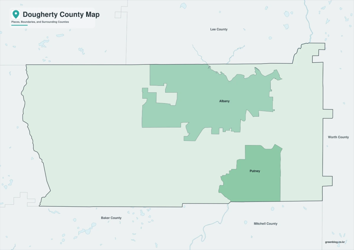 도허티 카운티 색상 지도와 Albany, Putney, Radium Springs