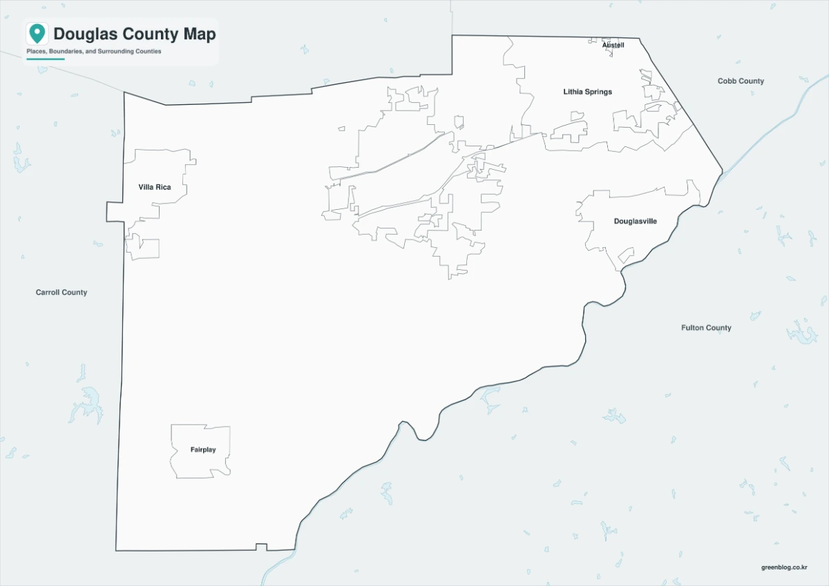 Black and white Douglas County map with selected community labels