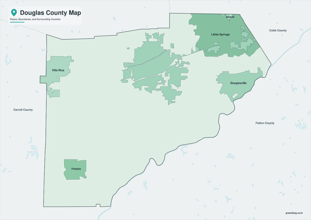 Douglas County color map with Douglasville, Lithia Springs, Austell, Villa Rica, and Winston