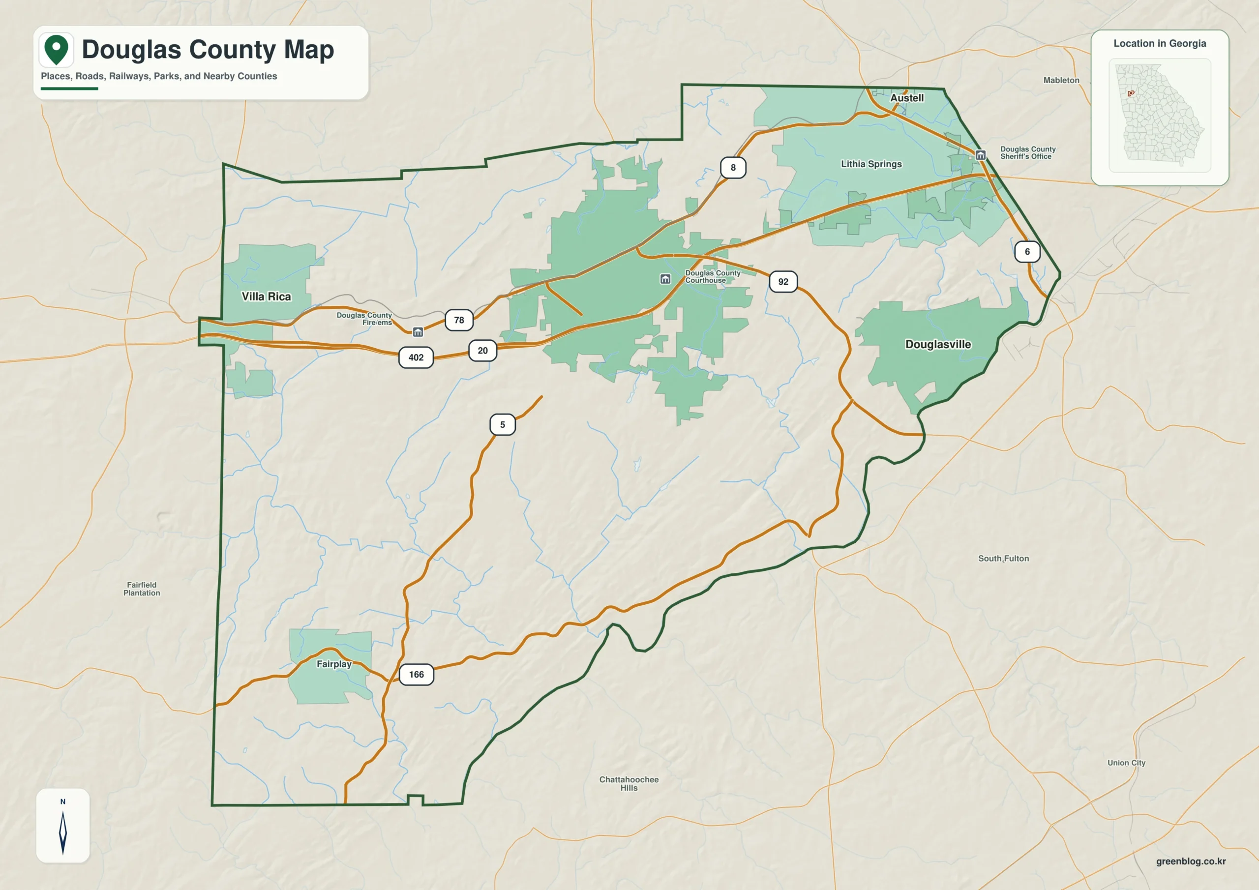 Douglas County Georgia map showing the county boundary and selected places