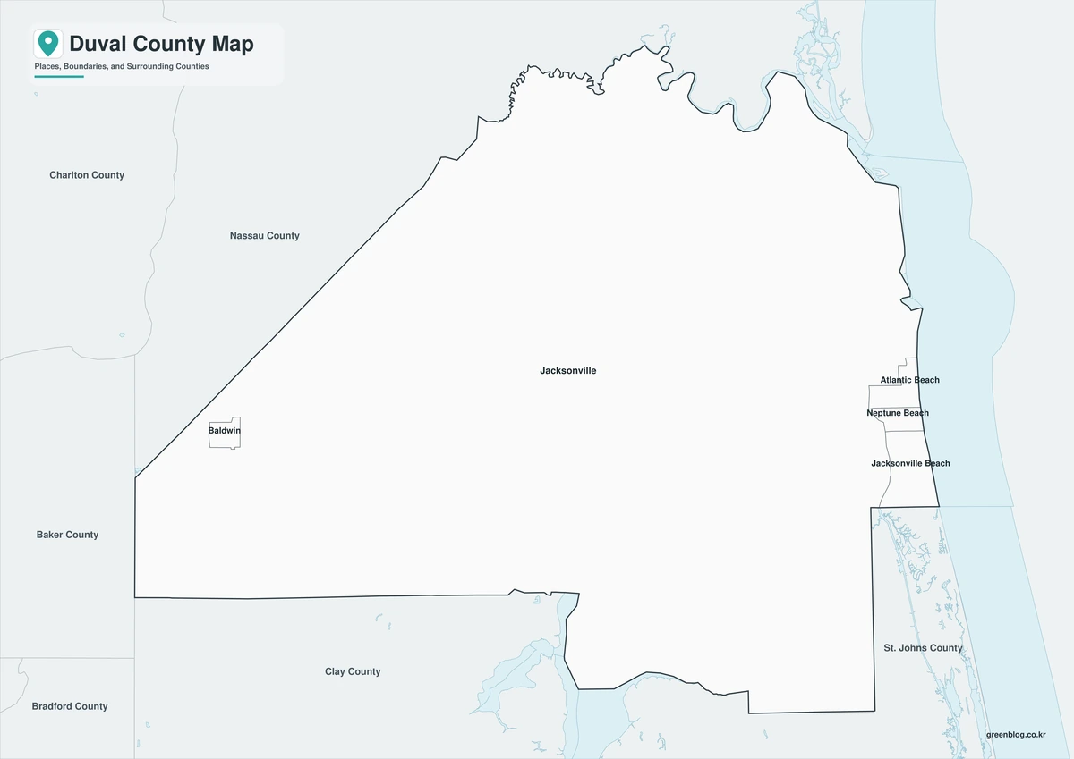 Black-and-white Duval County map with selected place labels
