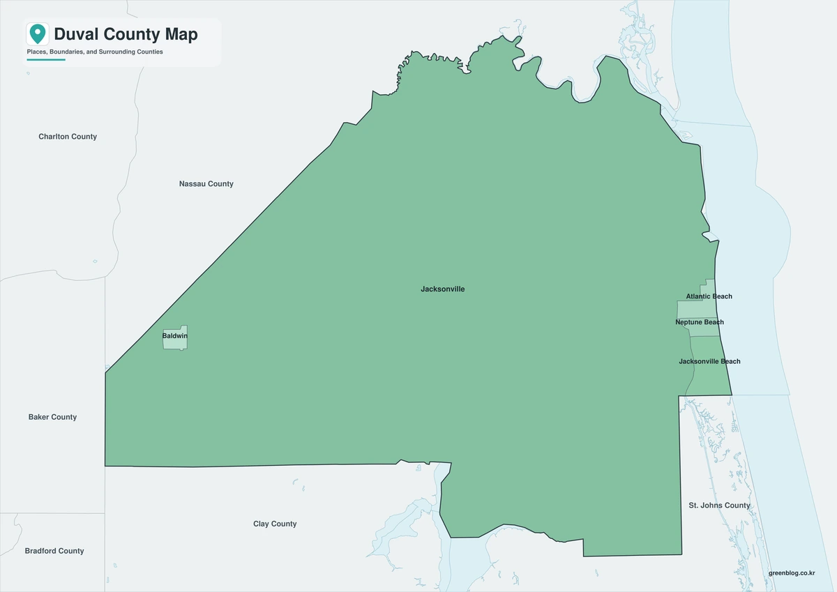 Color map of Duval County Florida and neighboring counties