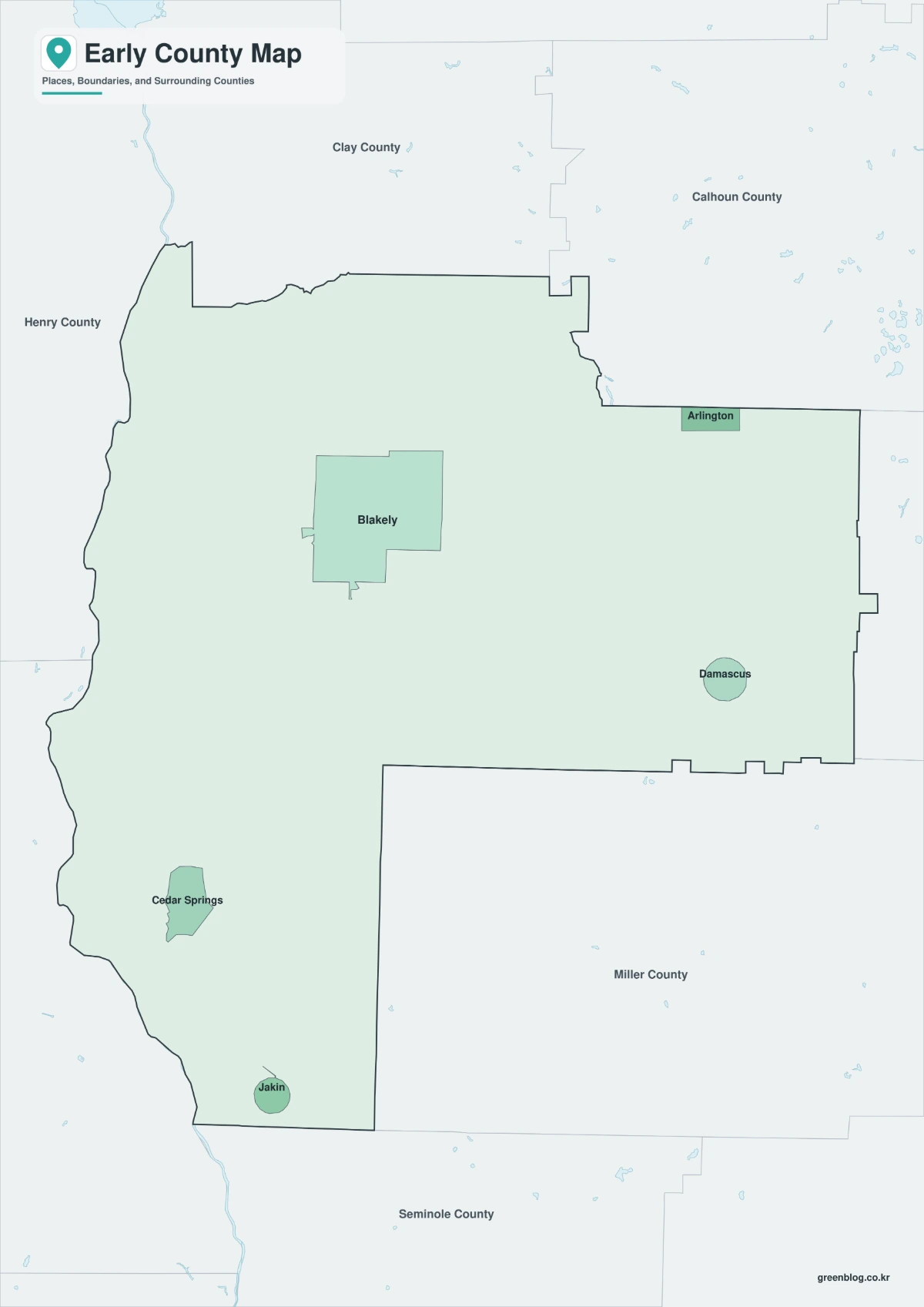 Early County color map with Blakely, Arlington, Damascus, and Jakin