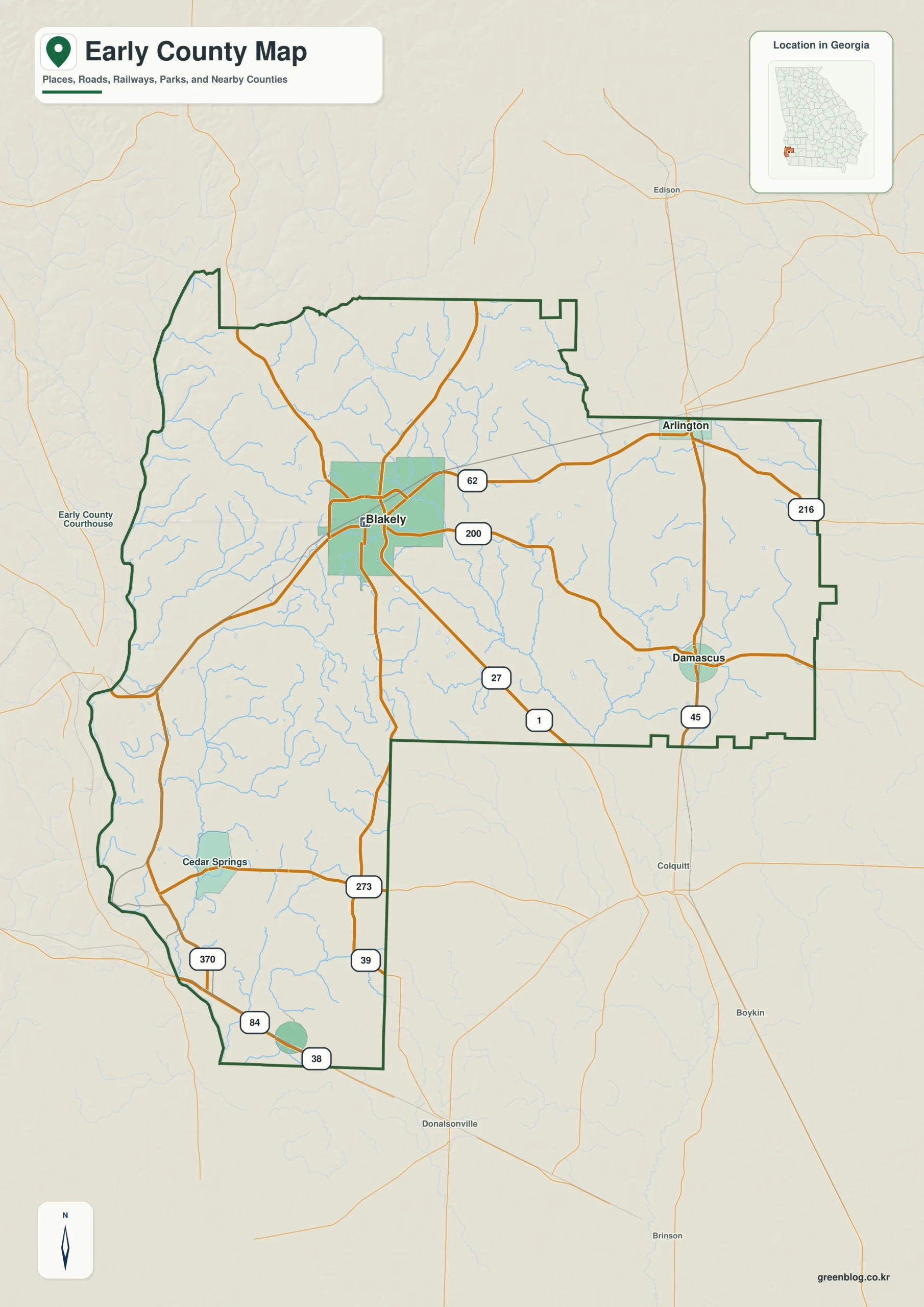 Early County Georgia map showing the county boundary and selected places