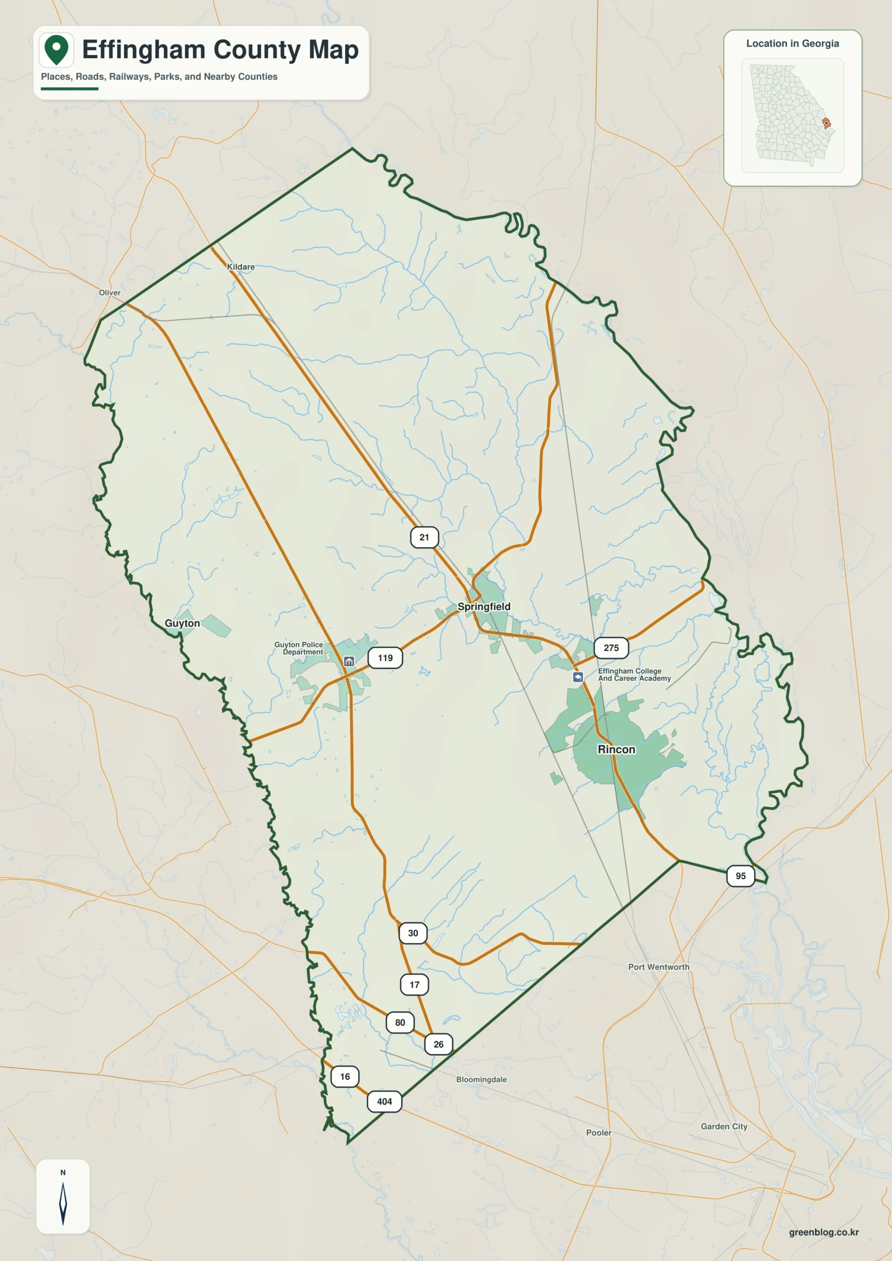 Effingham County Georgia map showing the county boundary and selected places