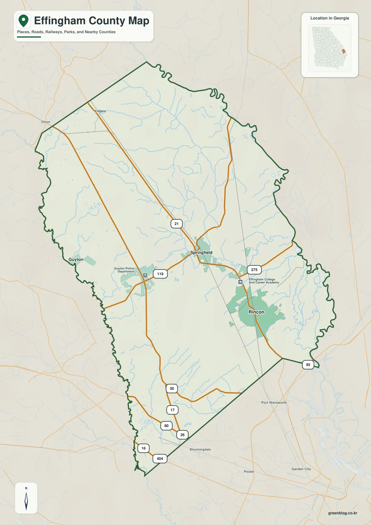 에핑엄 카운티 Effingham County 조지아 지도에 표시된 카운티 경계와 주요 지명