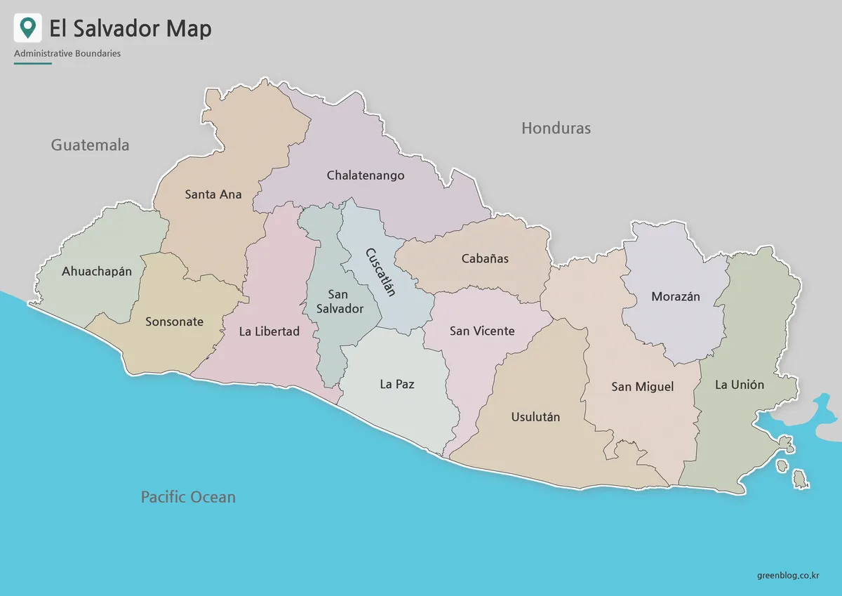Printable El Salvador map collection with 14 department boundaries