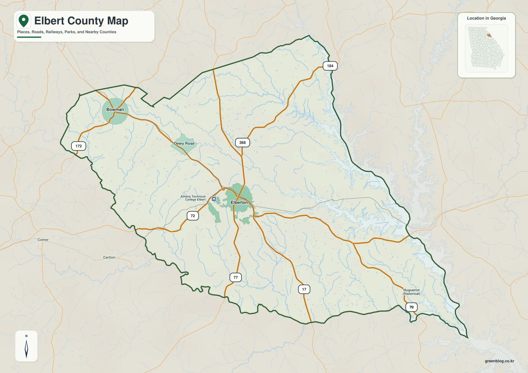 엘버트 카운티 Elbert County 조지아 지도에 표시된 카운티 경계와 주요 지명