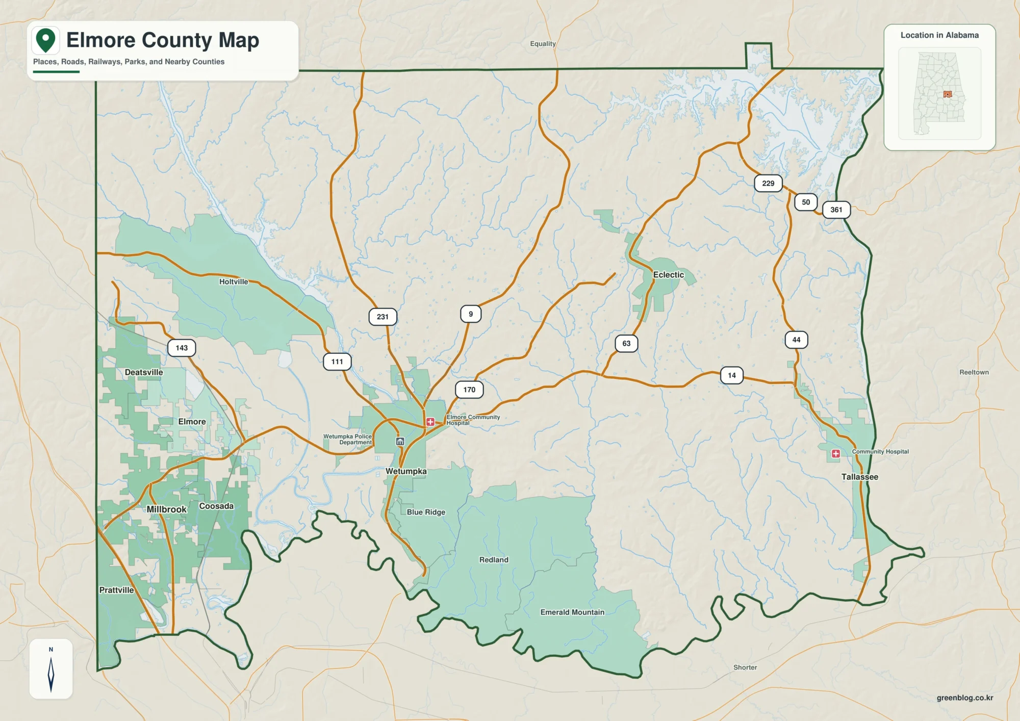 엘모어 카운티 Elmore County 앨라배마 지도에서 카운티 경계와 주요 지명을 확인하는 지도