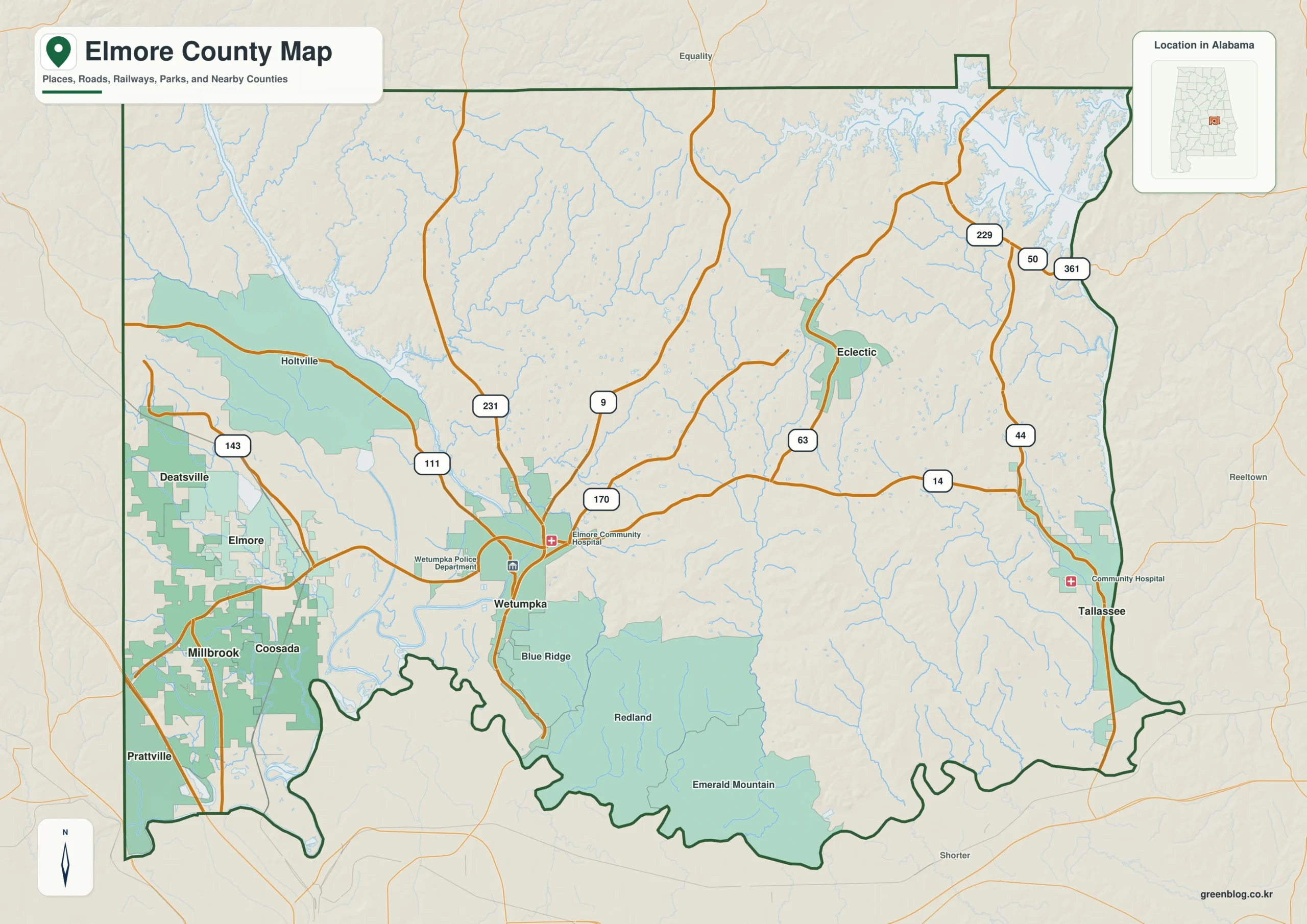 엘모어 카운티 Elmore County 앨라배마 지도에서 카운티 경계와 주요 지명을 확인하는 지도