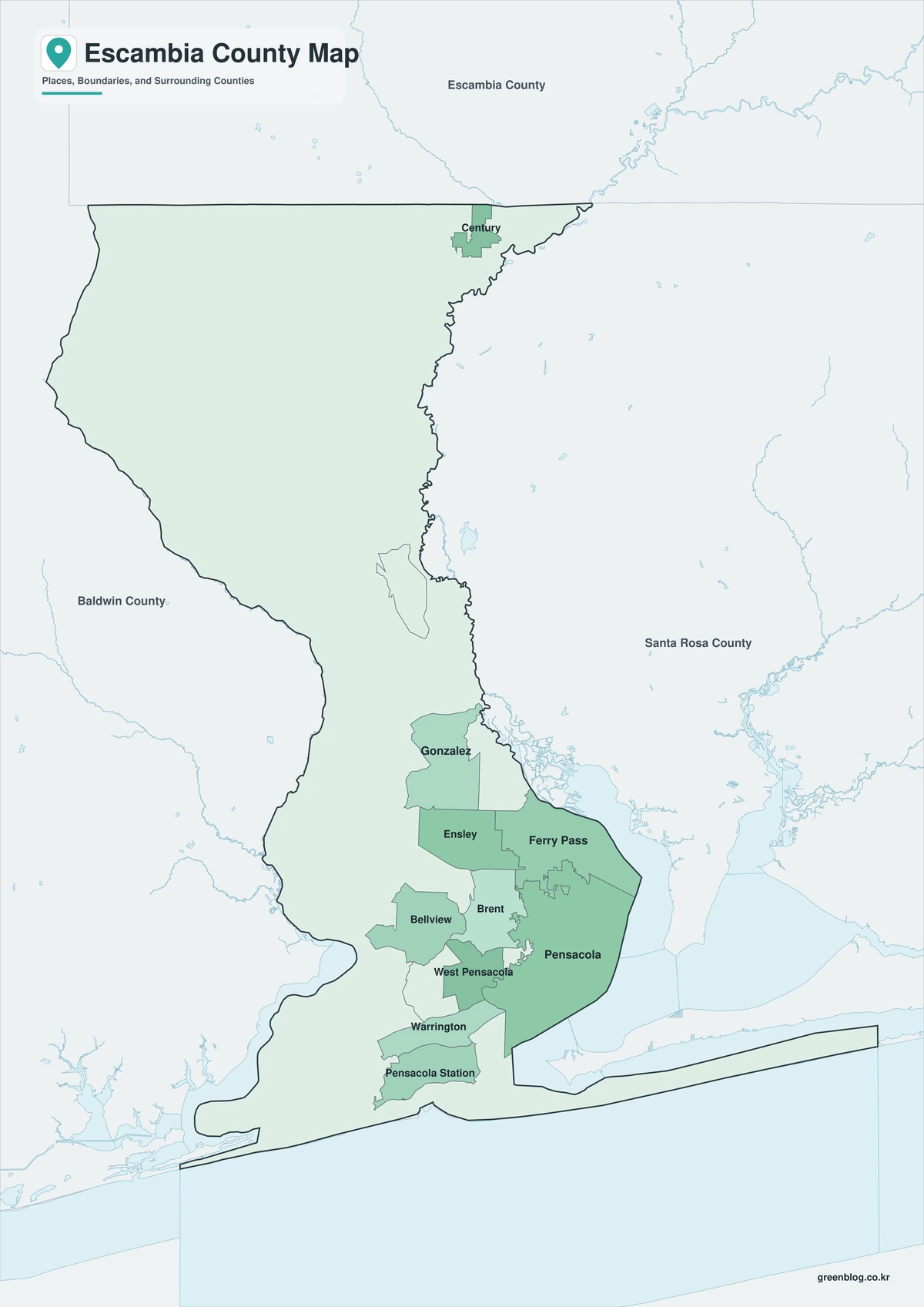 플로리다주 에스캄비아 카운티 지도(Escambia County) 색상 흑백 윤곽선 3종