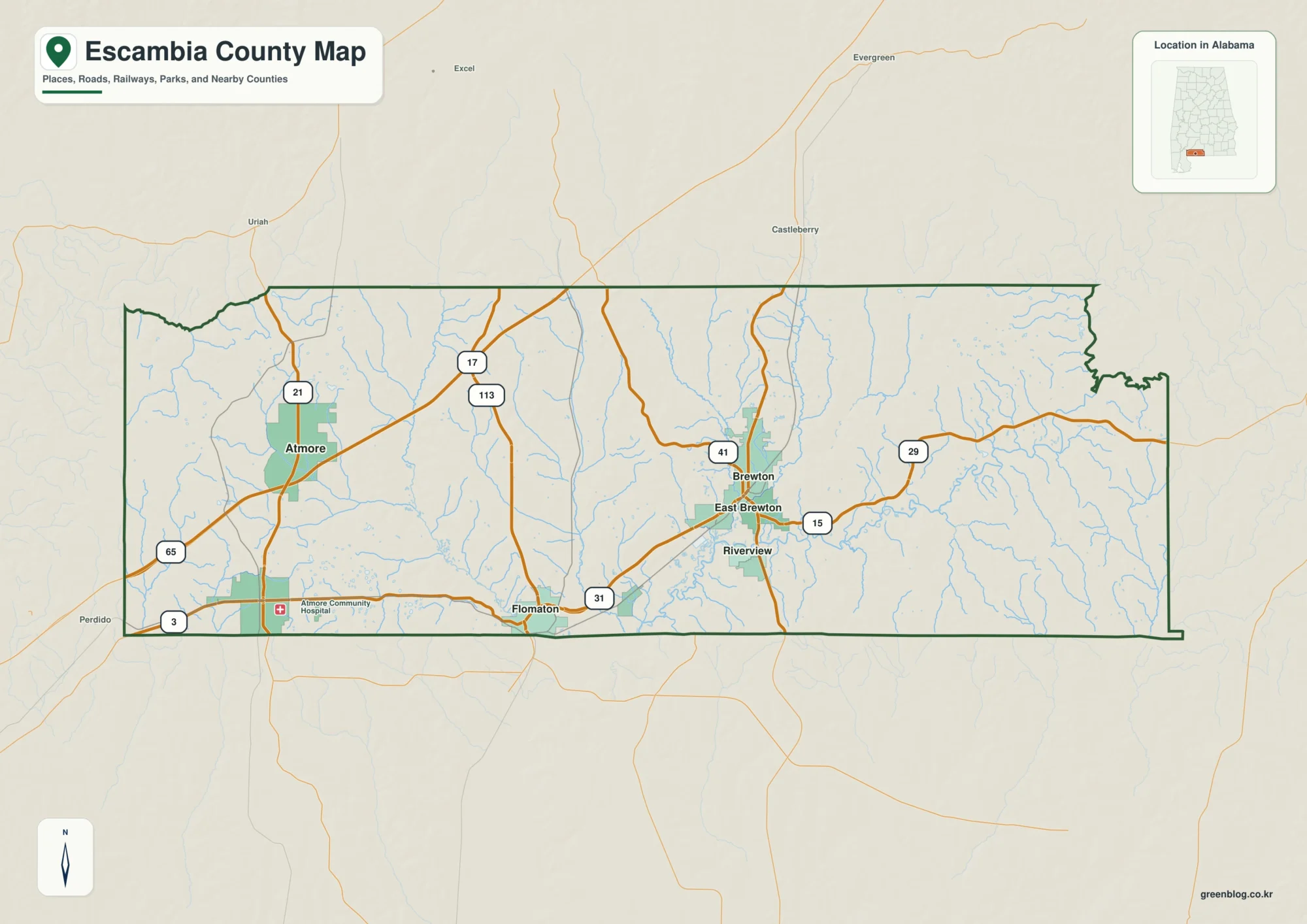 에스캄비아 카운티 Escambia County 앨라배마 지도에서 카운티 경계와 주요 지명을 확인하는 지도