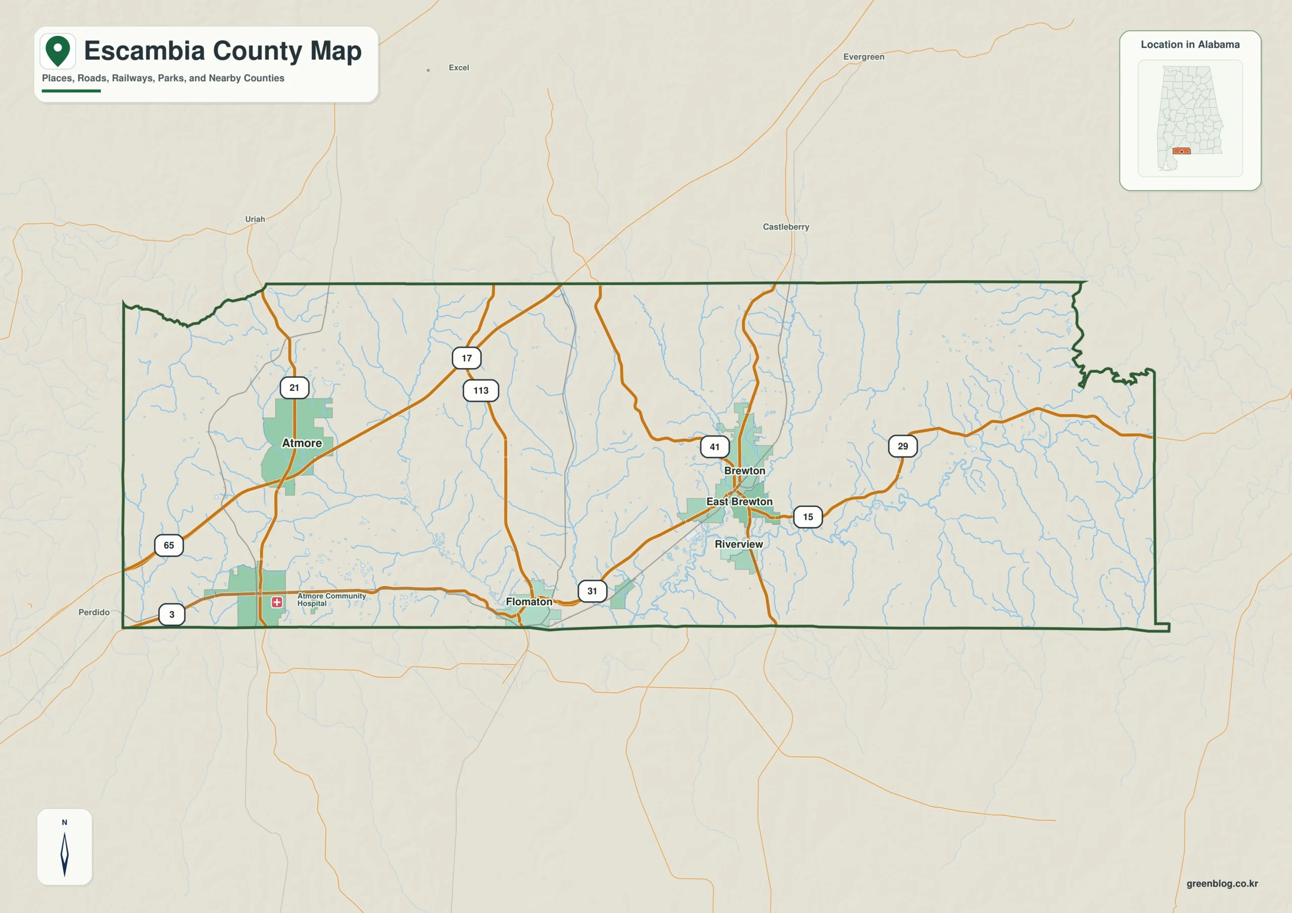 에스캄비아 카운티 Escambia County 앨라배마 지도에서 카운티 경계와 주요 지명을 확인하는 지도