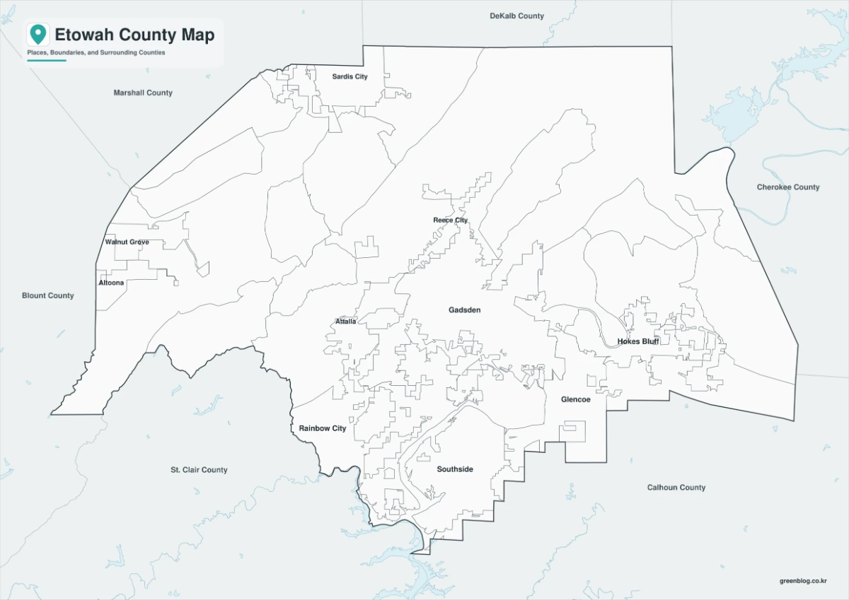 Etowah County black and white map with selected place names and county boundaries