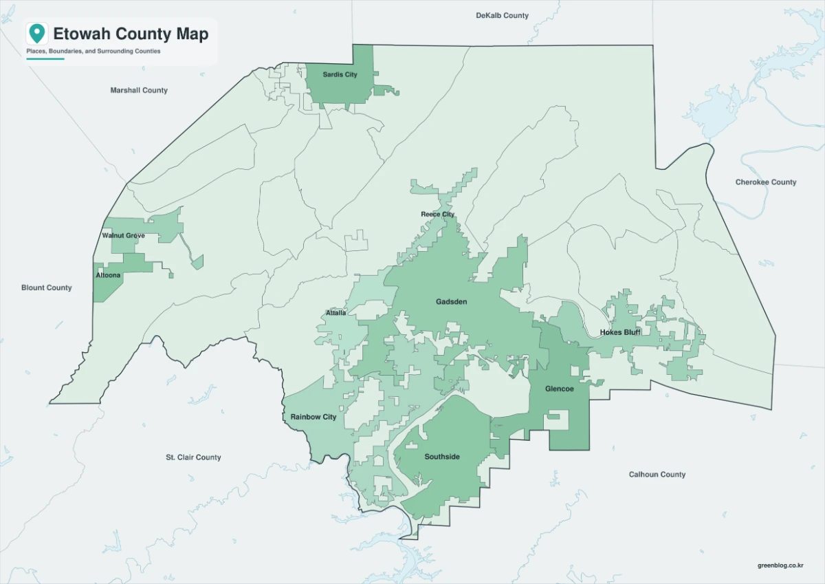 Etowah County map graphic showing Color, Black and White, and Outline A3 JPG versions
