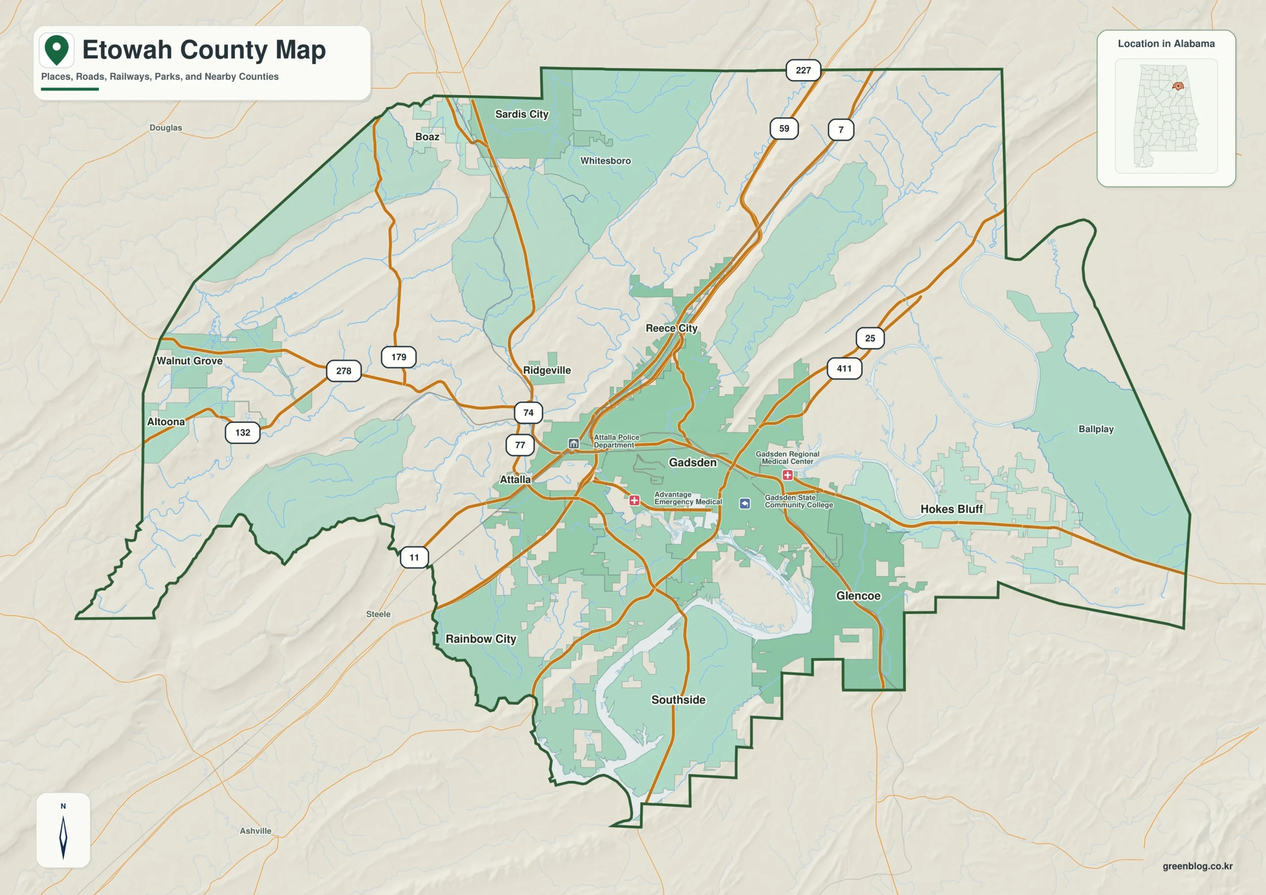 Etowah County Alabama map showing the county boundary and selected places