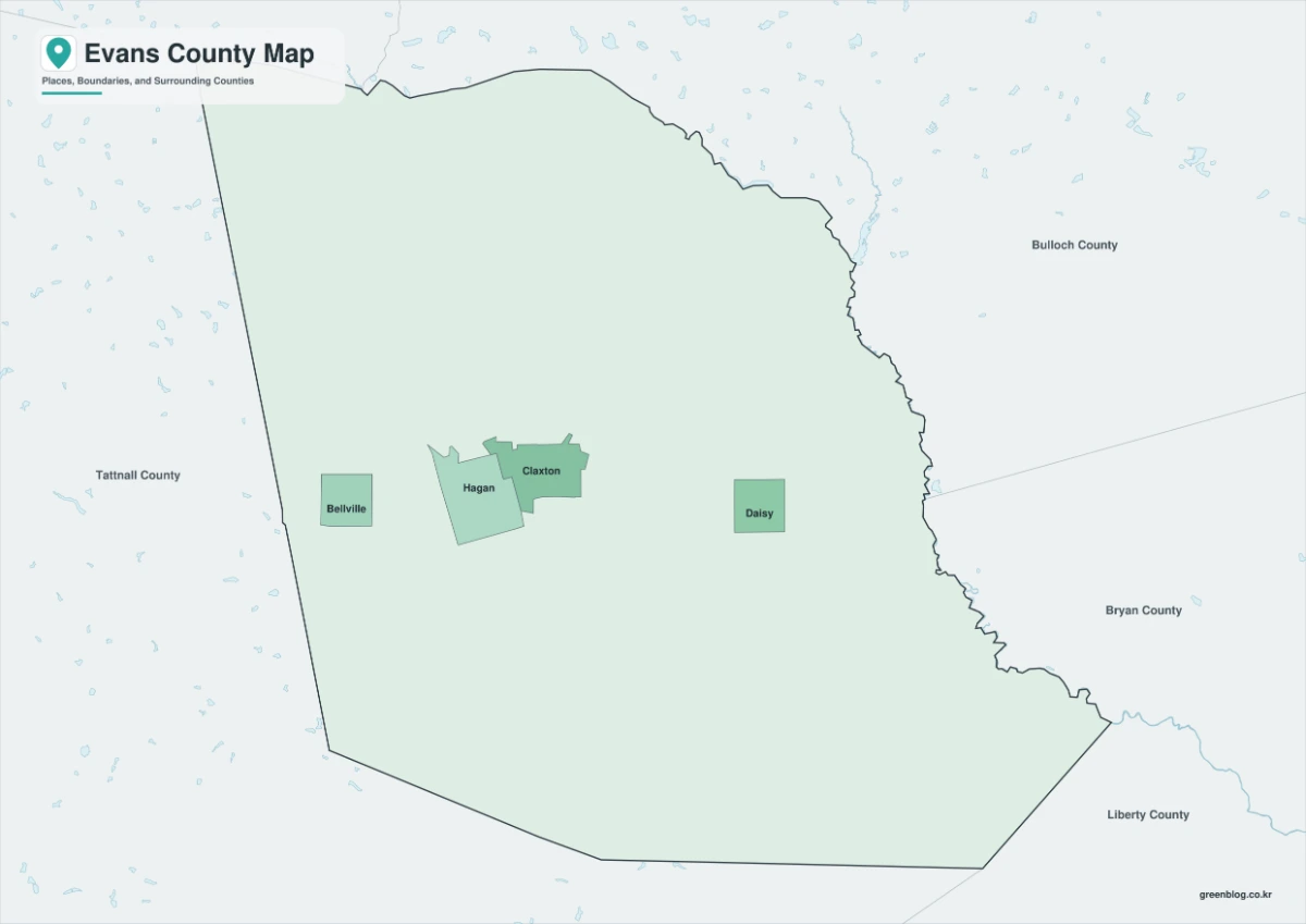 Color map of Evans County with Claxton, Hagan, Bellville, and Daisy