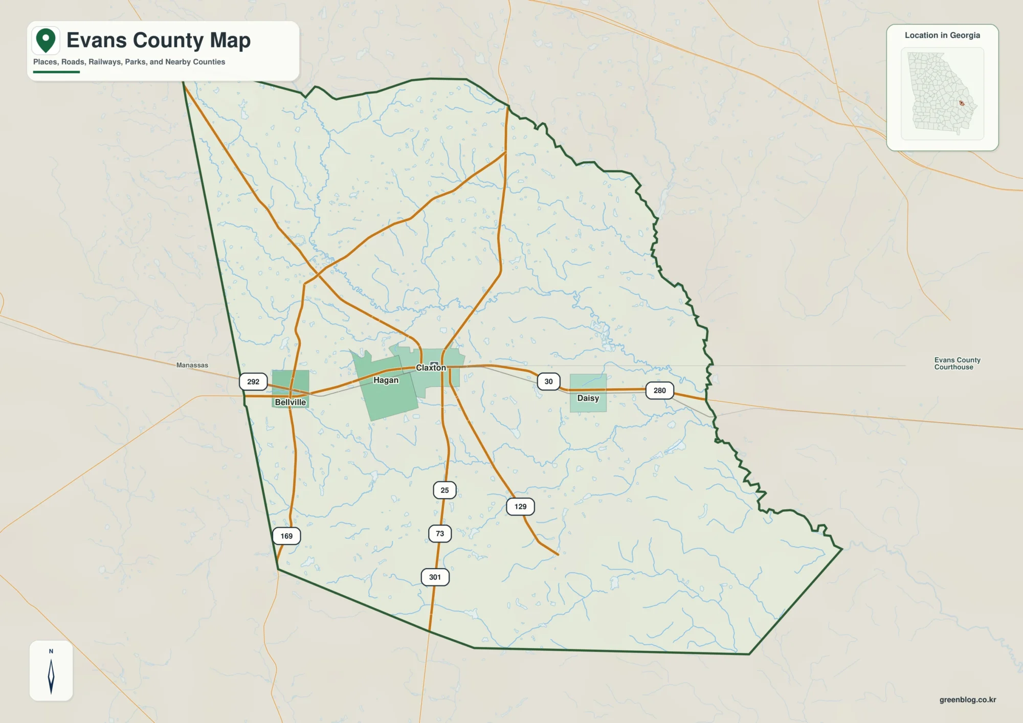 Evans County Georgia map showing the county boundary and selected places
