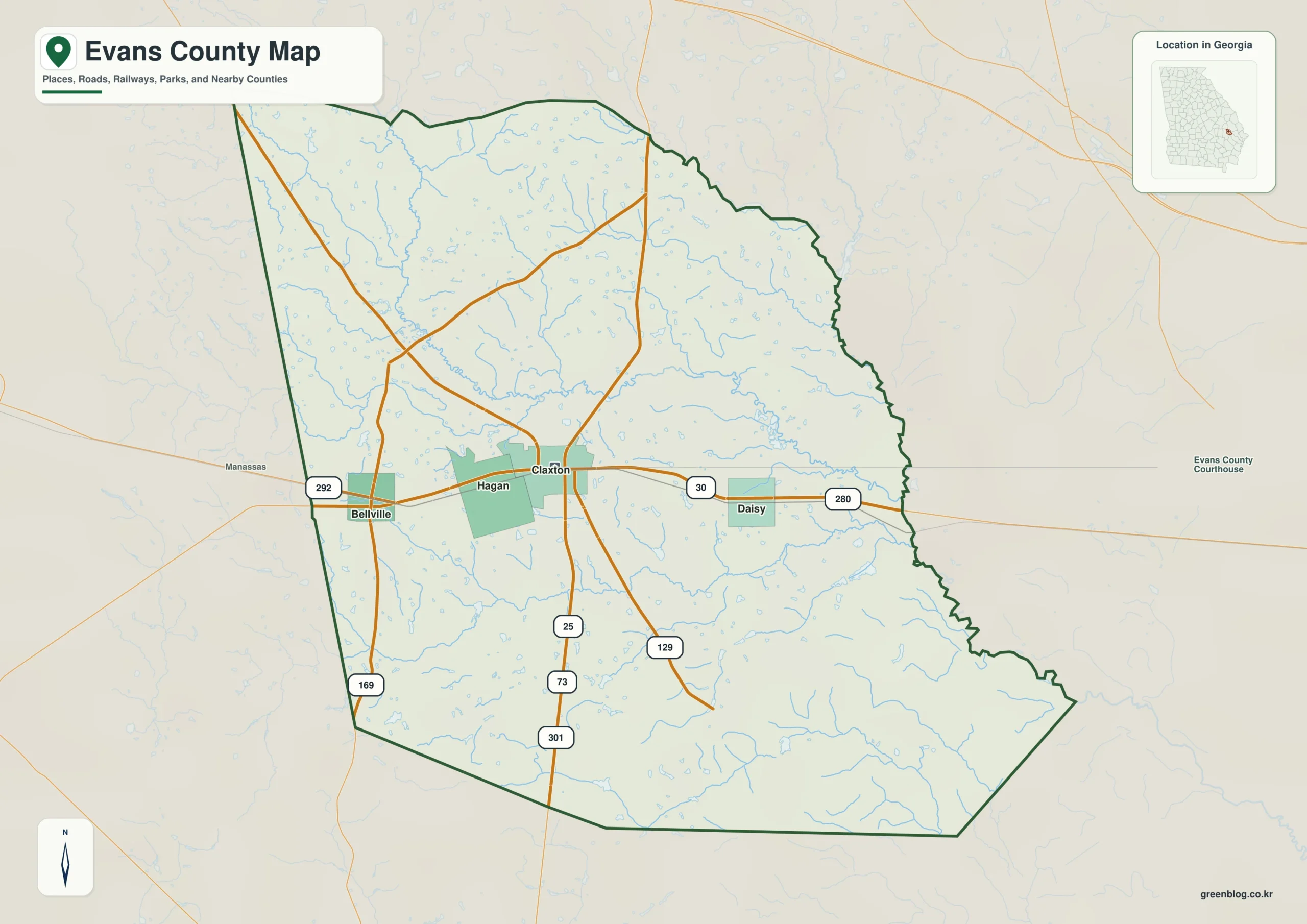 Evans County Georgia map showing the county boundary and selected places