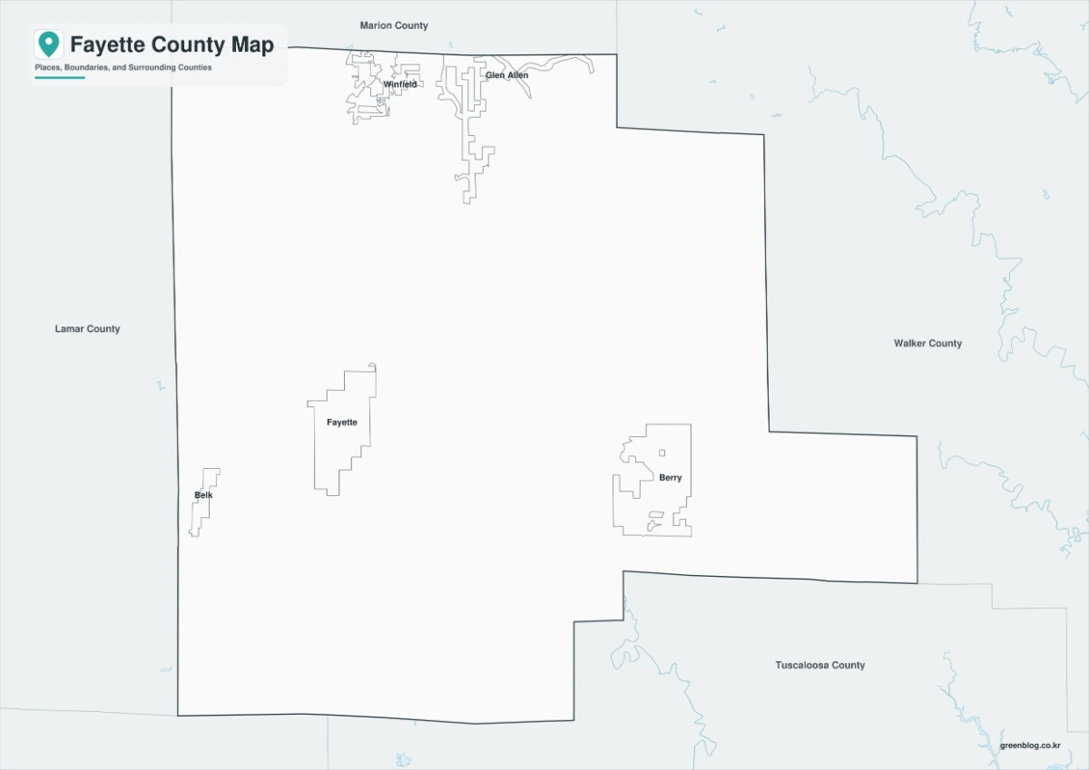 Fayette County black and white map with selected place labels and boundaries
