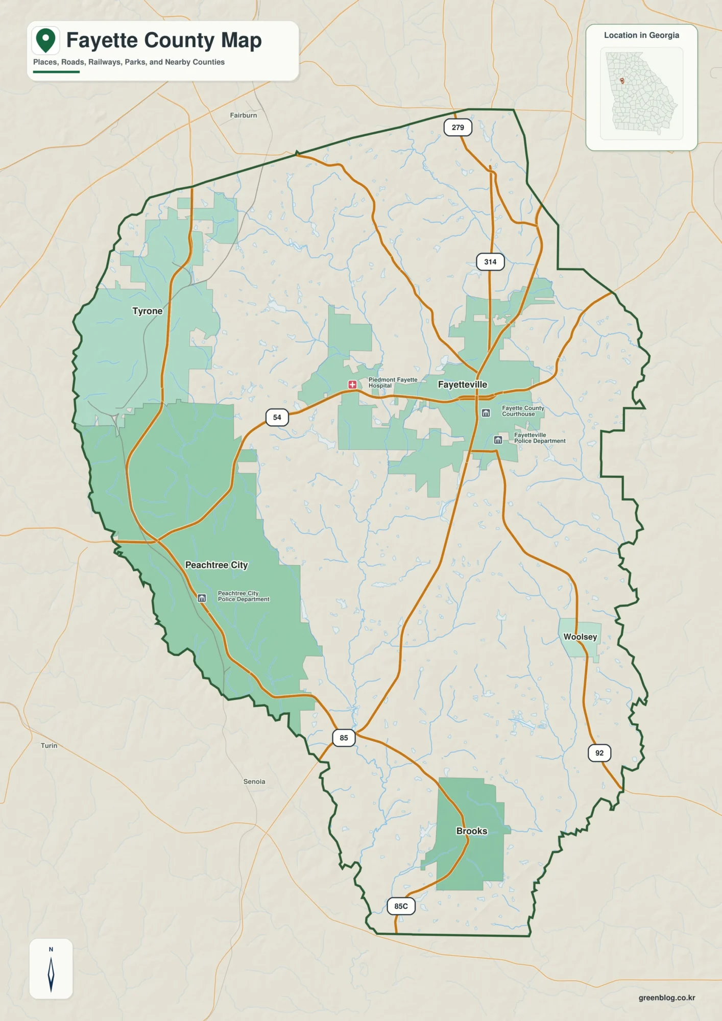Fayette County Georgia map showing the county boundary and selected places