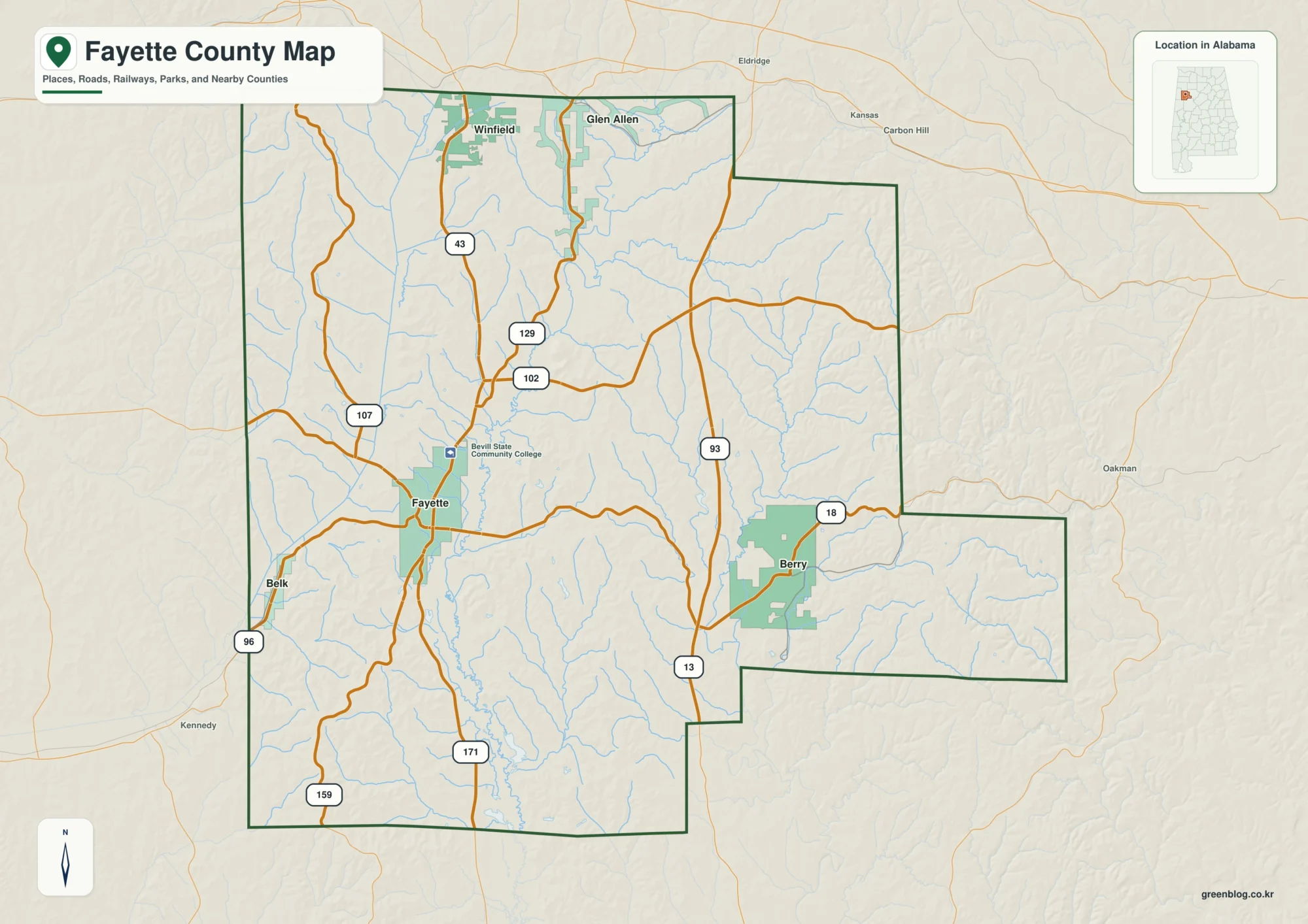 Fayette County Alabama map showing the county boundary and selected places