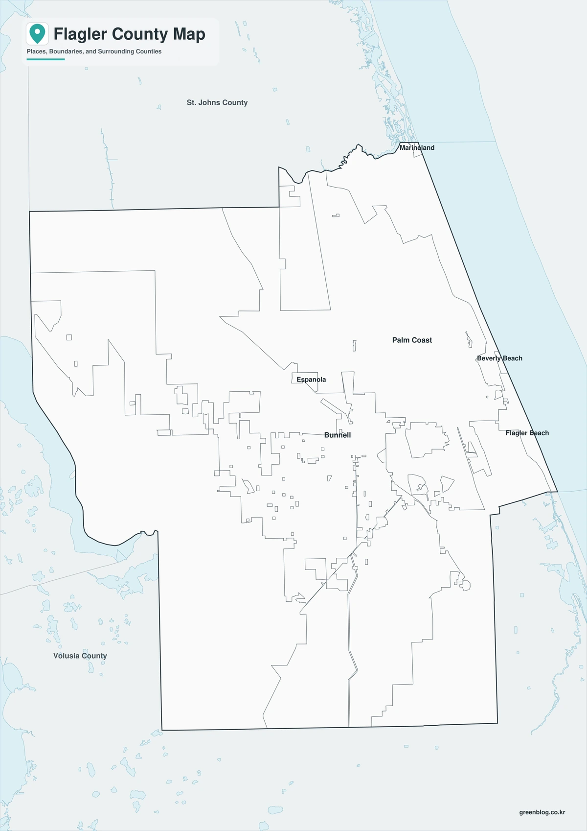 Black-and-white Flagler County map with selected place labels