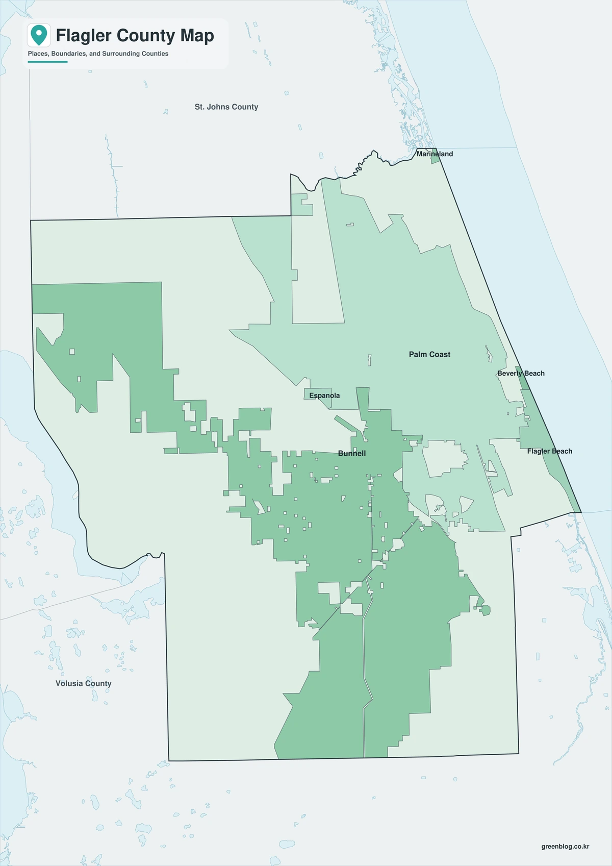 플로리다주 플래글러 카운티 지도(Flagler County) 색상 흑백 윤곽선 3종