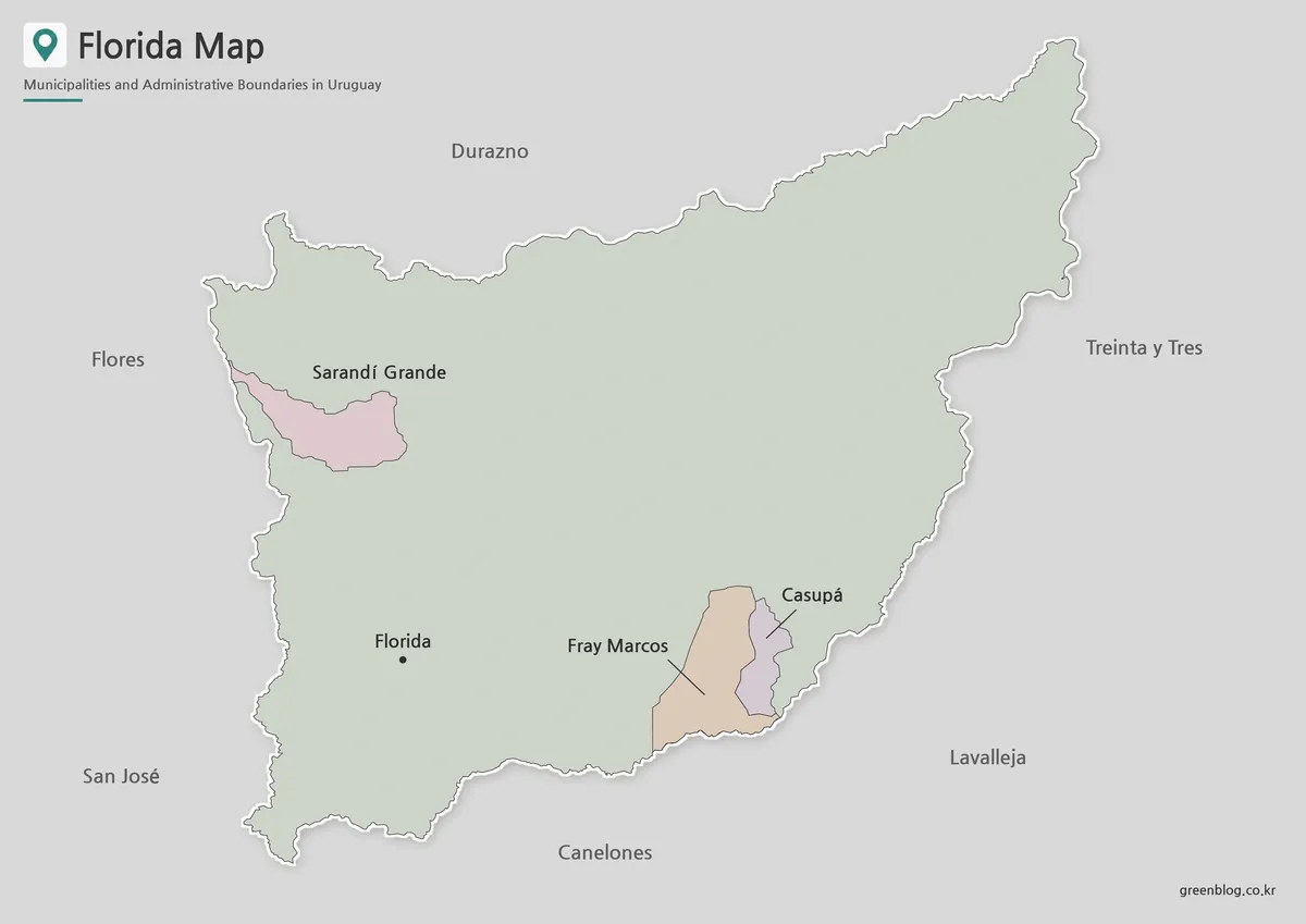 Printable Florida Department color map with municipality boundaries in Uruguay