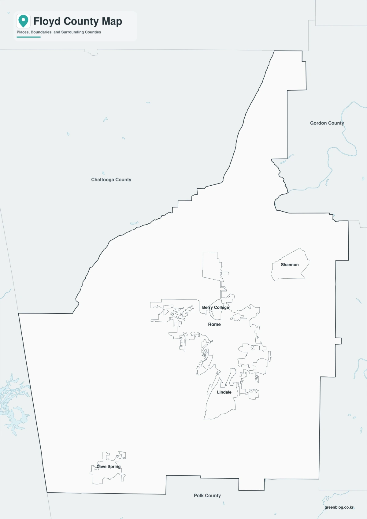 Black and white Floyd County map with selected labels and boundaries