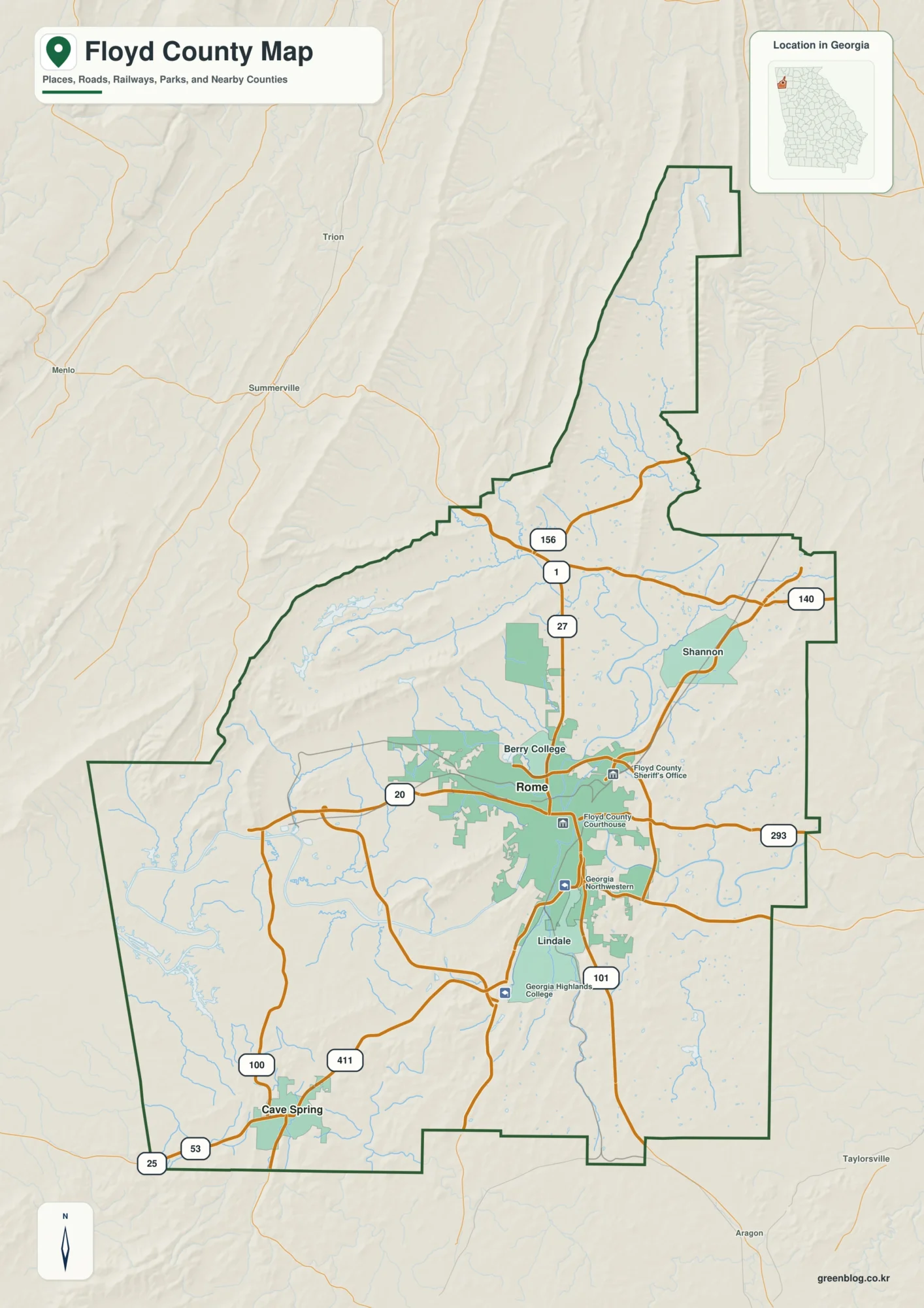 Floyd County Georgia map showing the county boundary and selected places
